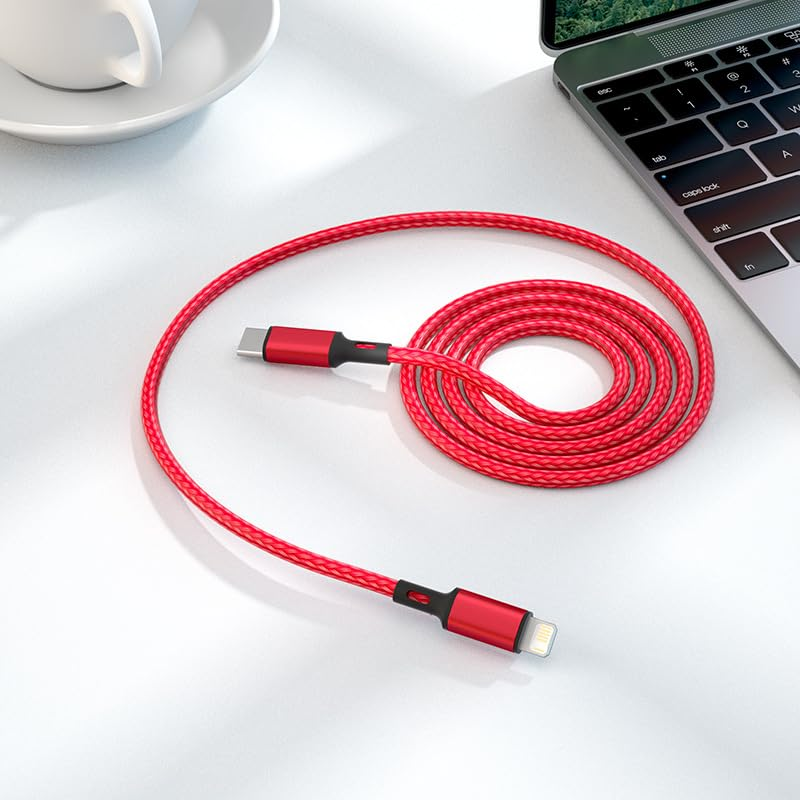 INONE Nylon USB C to Lightning Cable, USB C Iphone Charger Cable Mfi Certified USB C Iphone Charger Cord Fast Charging for Iphone 14 13 Mini Pro Max 12 Mini Pro Max 11 X XS XR 8 plus Ipad(2M Red) image number 3