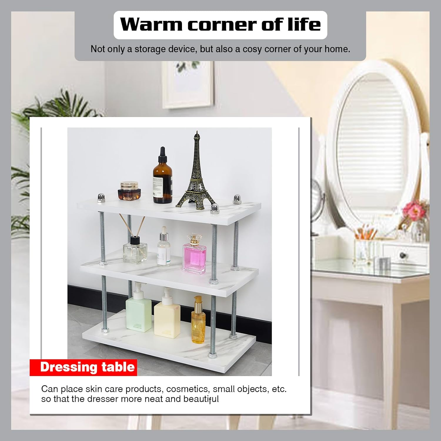 Desktop Organizer,White Bookcases,Mug Holder Countertop, Kitchen Counter Shelf for Tea Coffee Bar Accessories,Cup Display, Condiment Storage Rack, 3Tier Heavy Duty Solid Frame image number 6