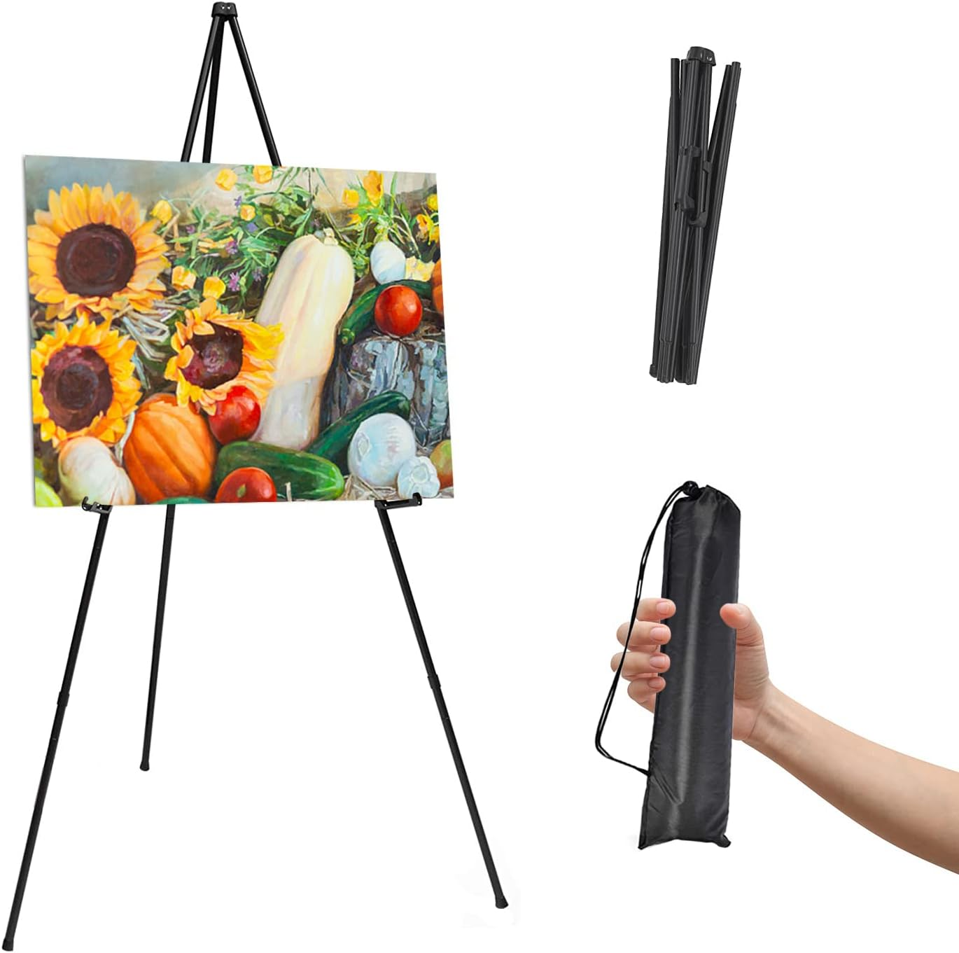 Thickened Easel Stand for Wedding Sign & Poster 63'' Portable Easels for Display Black Art Easel for Floor Adjustable Metal Easel Stand,Quick Set-Up Tripod Stand, Presentations,Signs,Posters (Black)