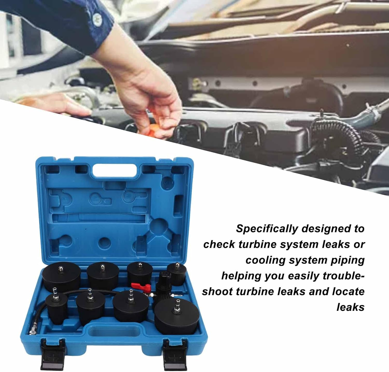 9Pcs Turbo System Leakage Tester Set, Turbo Boost Leak Tester Kit with Pressure Gauge, Turbocharger Air Pressure Boost Leak Test Kit, Turbo System Boost Pressure Leakage Tester image number 2
