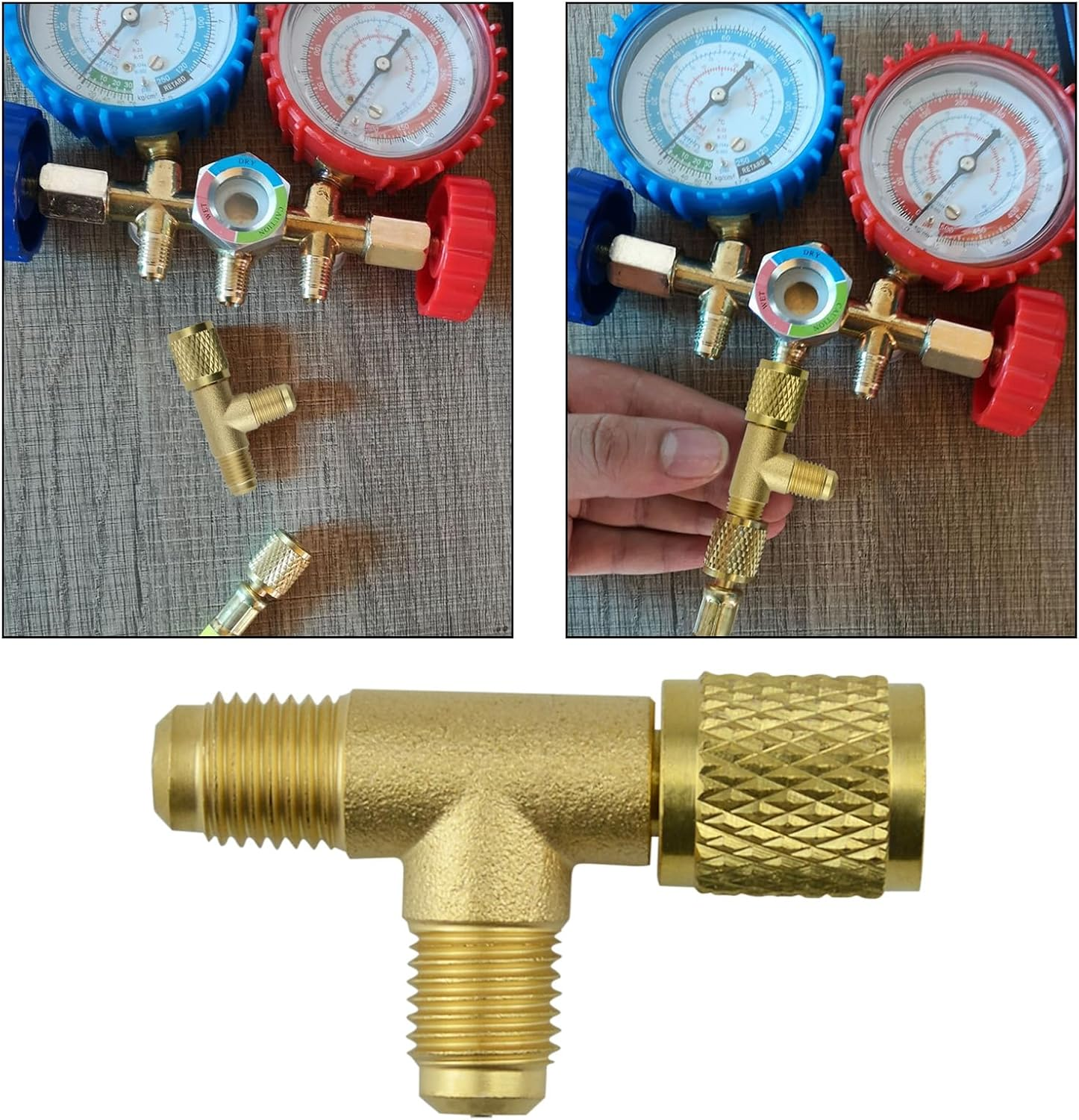 Quick Coupler Tee Adapter, 2 Pcs Brass Refrigerant Tee Adapter 1/4 Inch SAE Valves Core Tee Adapter Durable Air Conditioning Line Repair Tools for R22 R12 R134 Refrigerant Gauge Deep Vacuum Pump image number 6