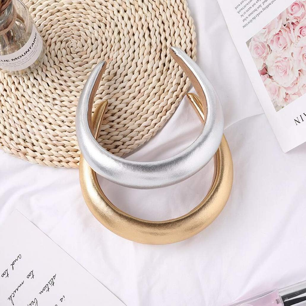 2 Pieces Vintage Leather Headbands Wide Padded Non-Slip Fashion Hair Hoop Headband Costume Accessory for Party Daily Wear (Gold+Silver) image number 4