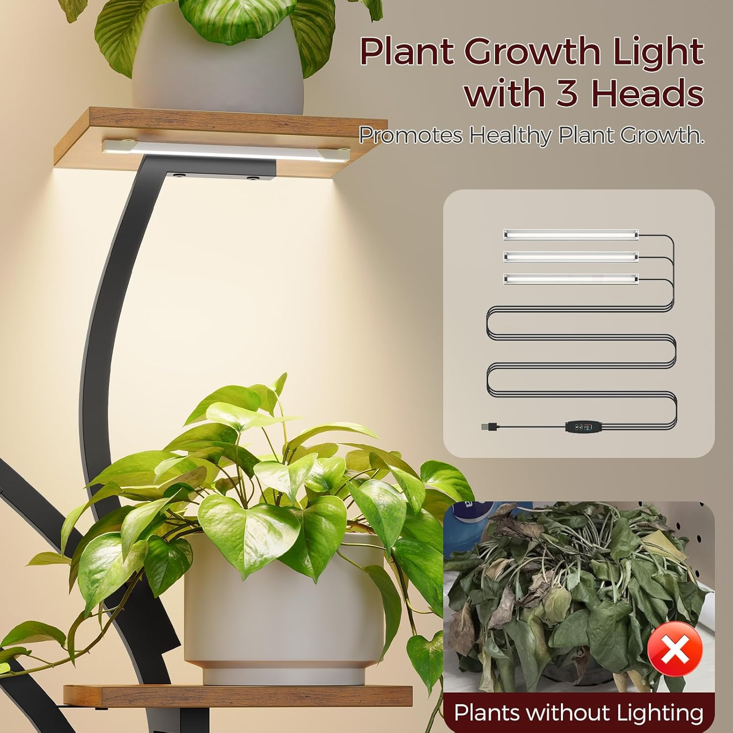 MAHANCRIS Plant Stand Indoor with Grow Lights - 60" Tall Plant Shelf, Indoor Plant Lighting Stands, 8 Tiered Flower Holder, S-Shaped Decorative Rack for Living Room, Rustic Brown and Black PSHR170AE01 image number 2