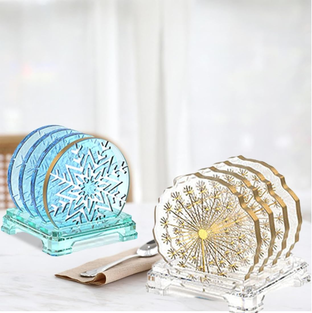 4PCS Coaster Resin Moulds Silicone Dandelion Snowflake Sakura Coaster Moulds with Holder Molds for Epoxy Resin DIY Art Craft Cup Mats