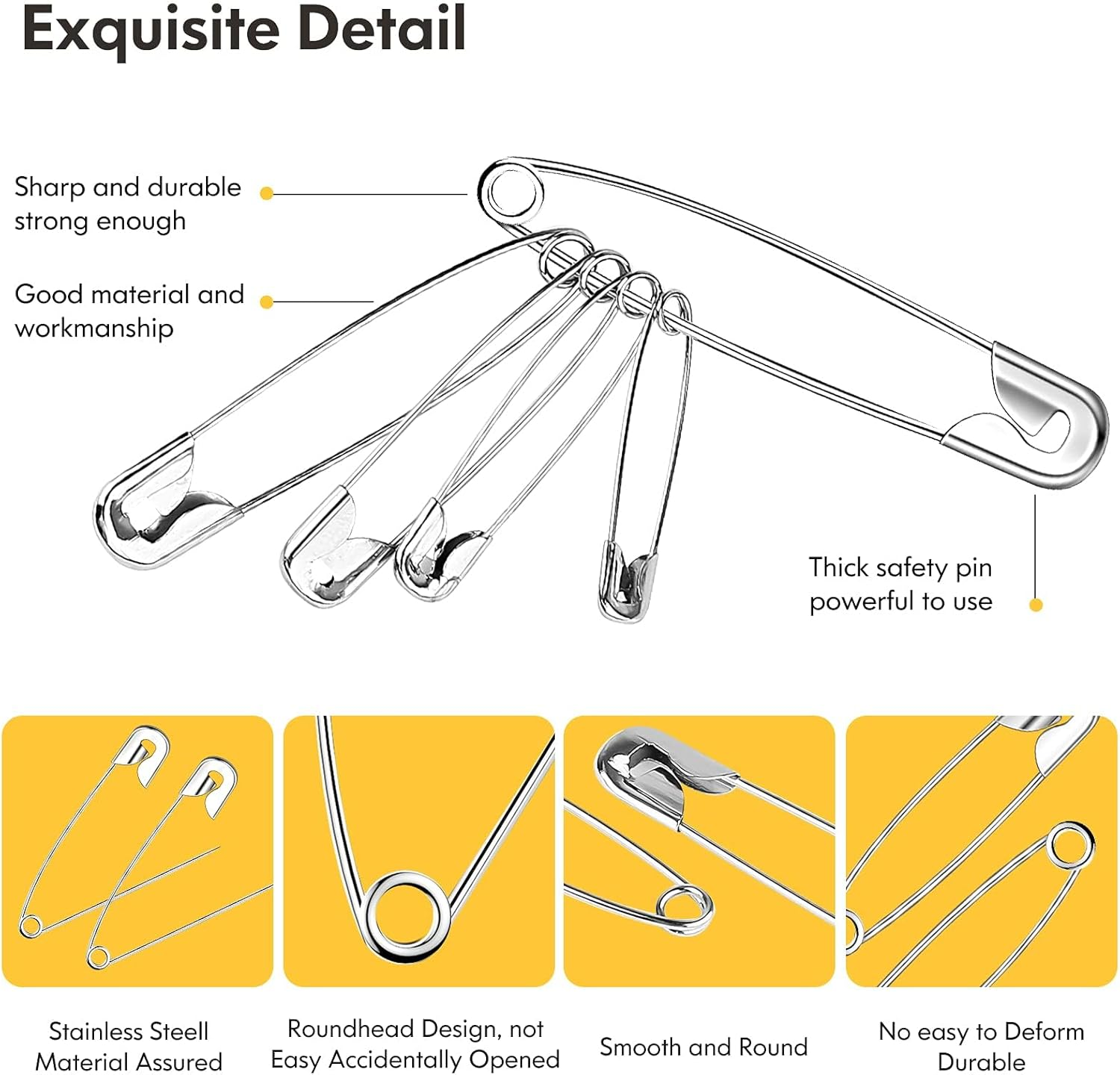 250 Pack Safety Pins Assorted, 6 Different Sizes Small and Large Safety Pins, Safety Pins for Clothes Pins Sewing, Nickel Plated Steel Safety Pin Bulk, Arts and Crafts Supplies (Silver) image number 6