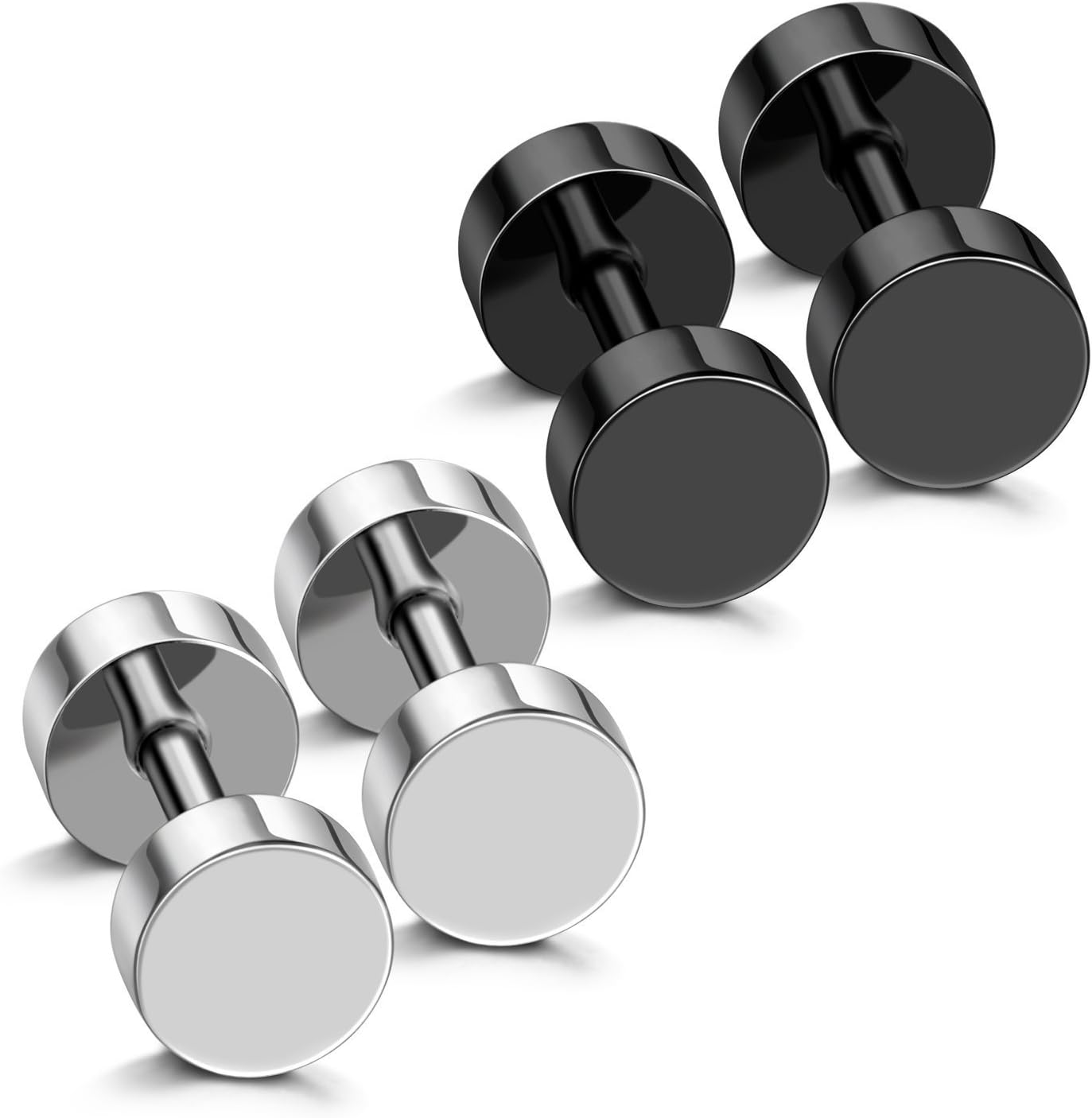 JEWELRIESHOP Black Earrings Men Dot Studs Fake Gauges Plugs Earring Stainless Steel Circle Disc Flat Back Cheater Tunnel Dumbbell Earrings Women (18G,2 Pairs,3Mm-14Mm,Black and Silver)