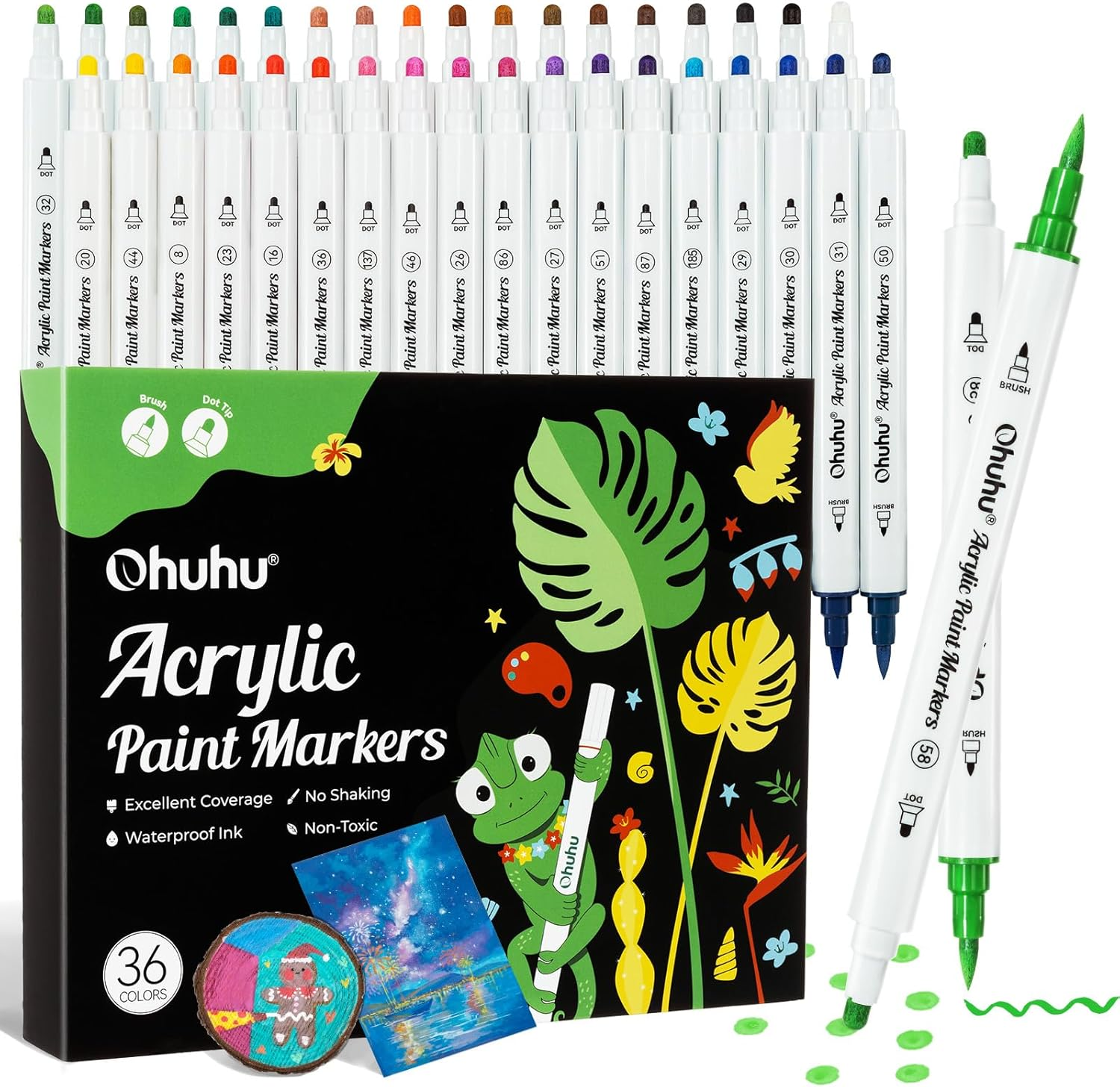 Ohuhu Acrylic Paint Markers Cotton-Core: 36 Colours Dual Tips (Brush & Dot) Paint Pens High Opacity Acrylic Markers Waterproof Lightfast for Rock Painting Easter Eggs Wood Glass Ceramic Canvas image number 5
