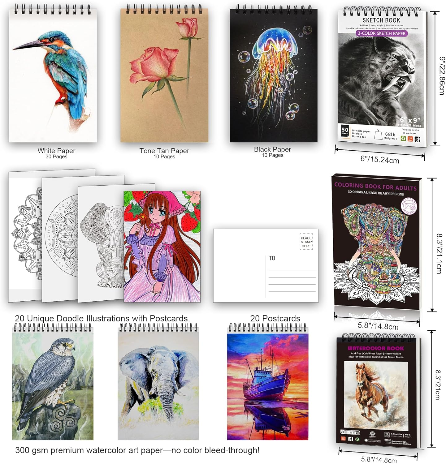 HIFORNY 136 PCS Drawing & Sketching Set,Pro Art Supplies with Graphite,Charcoal,Colored,Watercolor,Metallic Pencils,Blending Tools,Sketchbook,Watercolor Book and Coloring Book in Zipper Case (Grey) image number 2