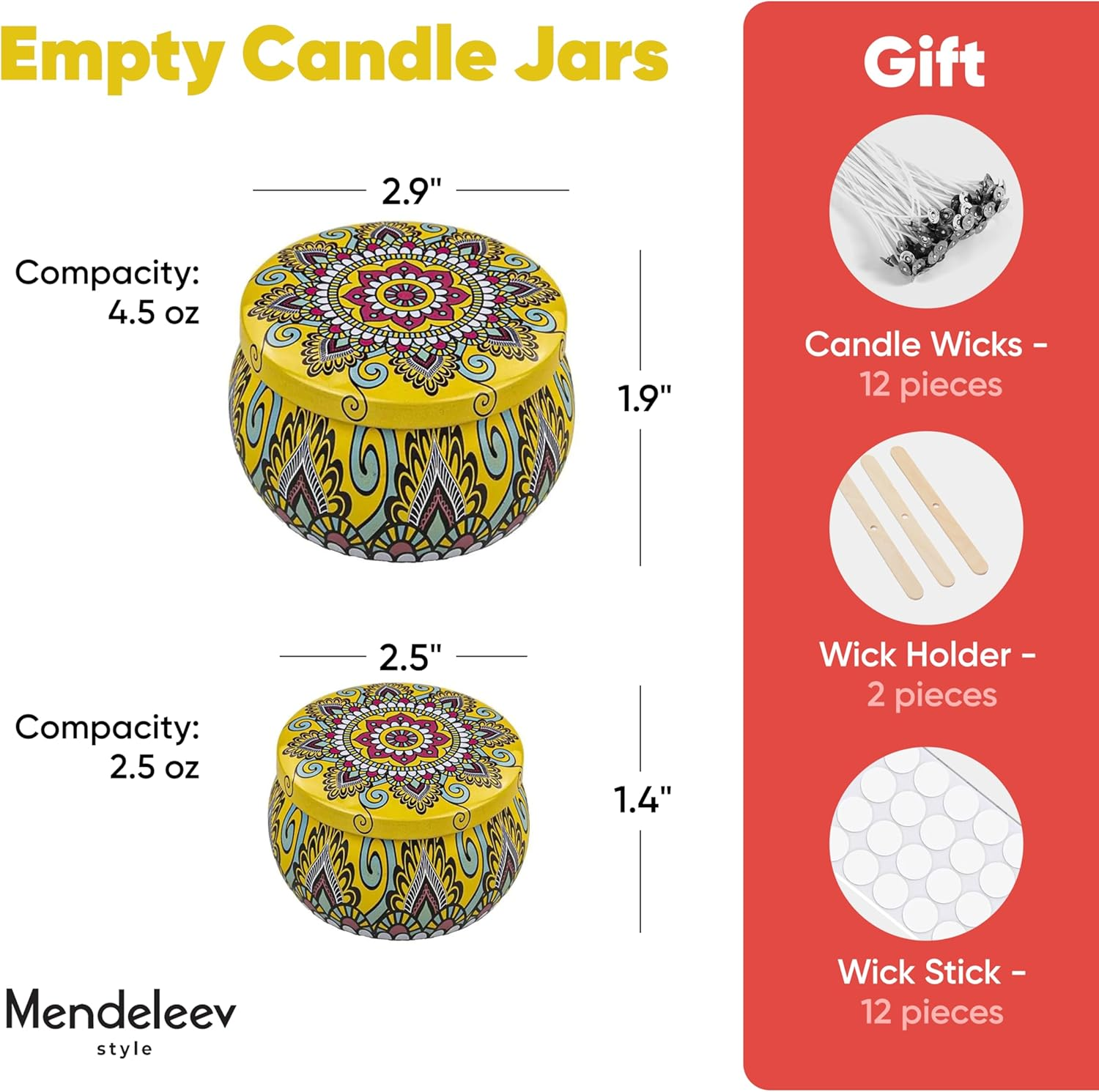 Candle Tin Patterns Empty Candle Tins Jars for Making with Wicks, Wick Holders& Stickers + Beautiful Gift Wrap Box (2.5 Oz 12 Multicolor) - 2.5 Oz 12 Multicolor image number 3