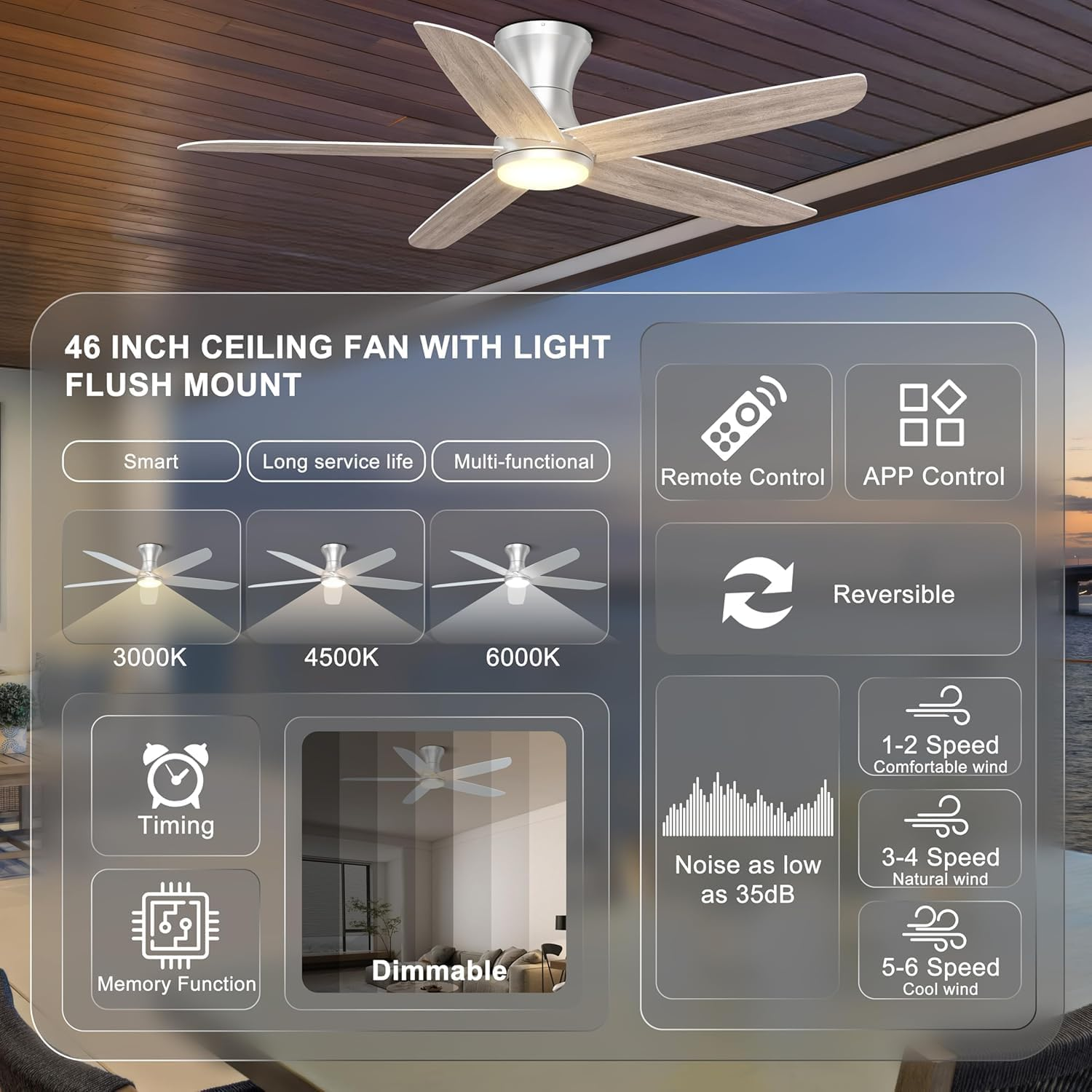 Ohniyou 46 Inch Ceiling Fan with Lights, Low Profile Ceiling Fans Remote/App Control - Dimmable, Silent DC Motor, Indoor Ceiling Fan for Bedroom Kitchen (Silver) image number 4