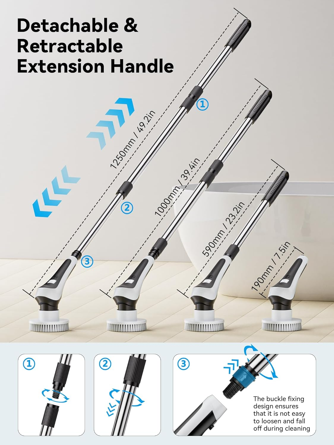 Electric Spin Scrubber,Cordless Cleaning Brush with Power Display Screen,Ip68 Waterproof Shower Cleaning Brush with 8 Replaceable Brush Heads,Adjustable & Detachable Handle and 2 Adjustable Speeds image number 4