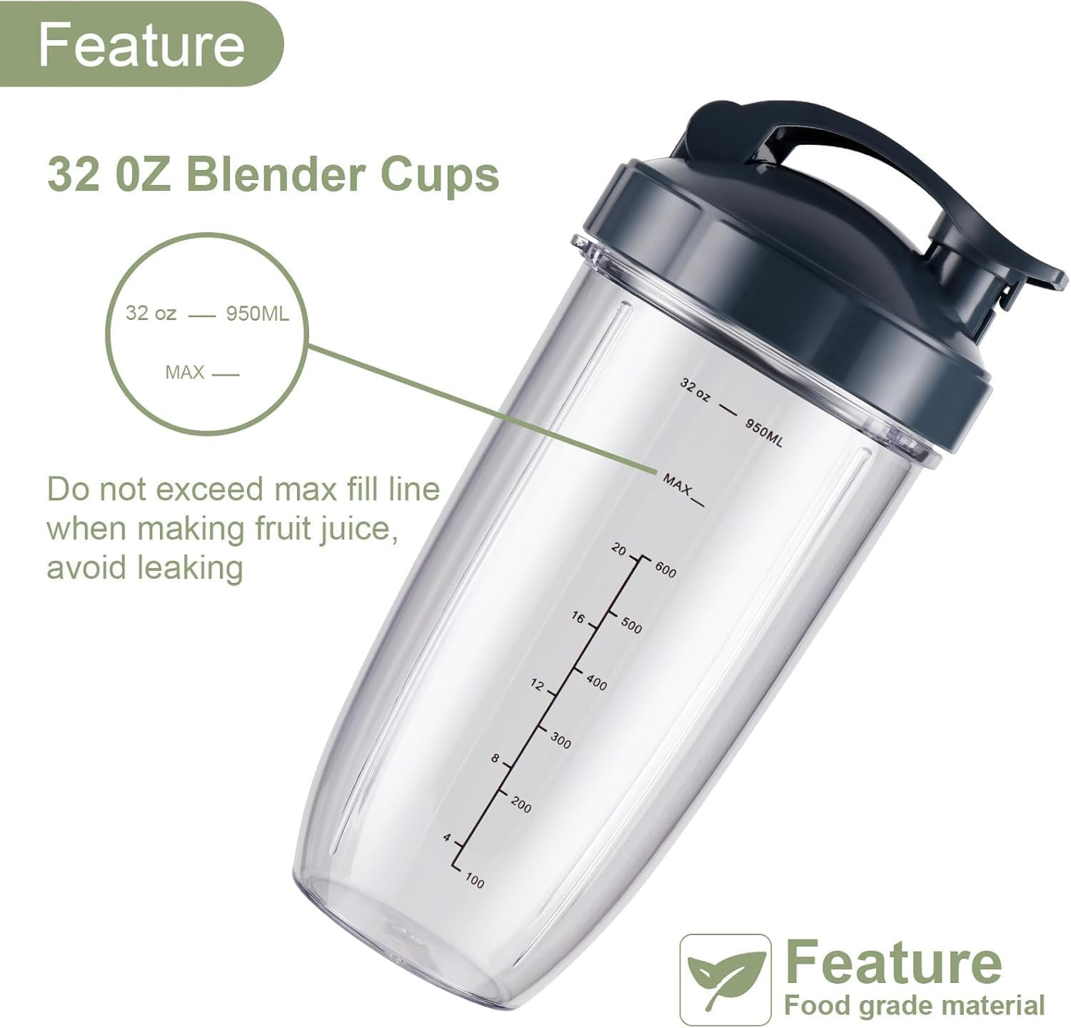 Replacement 32Oz Cups & Extractor Blade with Flip-Top To-Go-Lid and Rubber Gaskets Seal Compatible with Nutribullet 600W/900W Blender Accessories image number 2