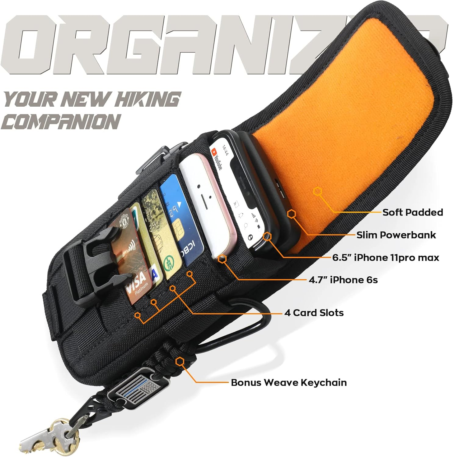 WYNEX Tactical Molle Phone Pouch with Compass Buckle, Tactical Phone Holster Molle Cell Phone Pouch Universal Belt Waist Bag for IP 15/14/13 Pro Max / S22/S21 with US Patch & Paracord Keyring Clip - Khaki image number 4