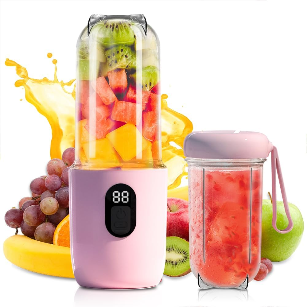 Portable Blender, 500Ml Blender Smoothie with Digital Display, Rechargeable Mini Blender Portable 1500Mah Battery, 16 Blades Blender Smoothie for Travel Kitchen Office Outdoor, Pink image number 6