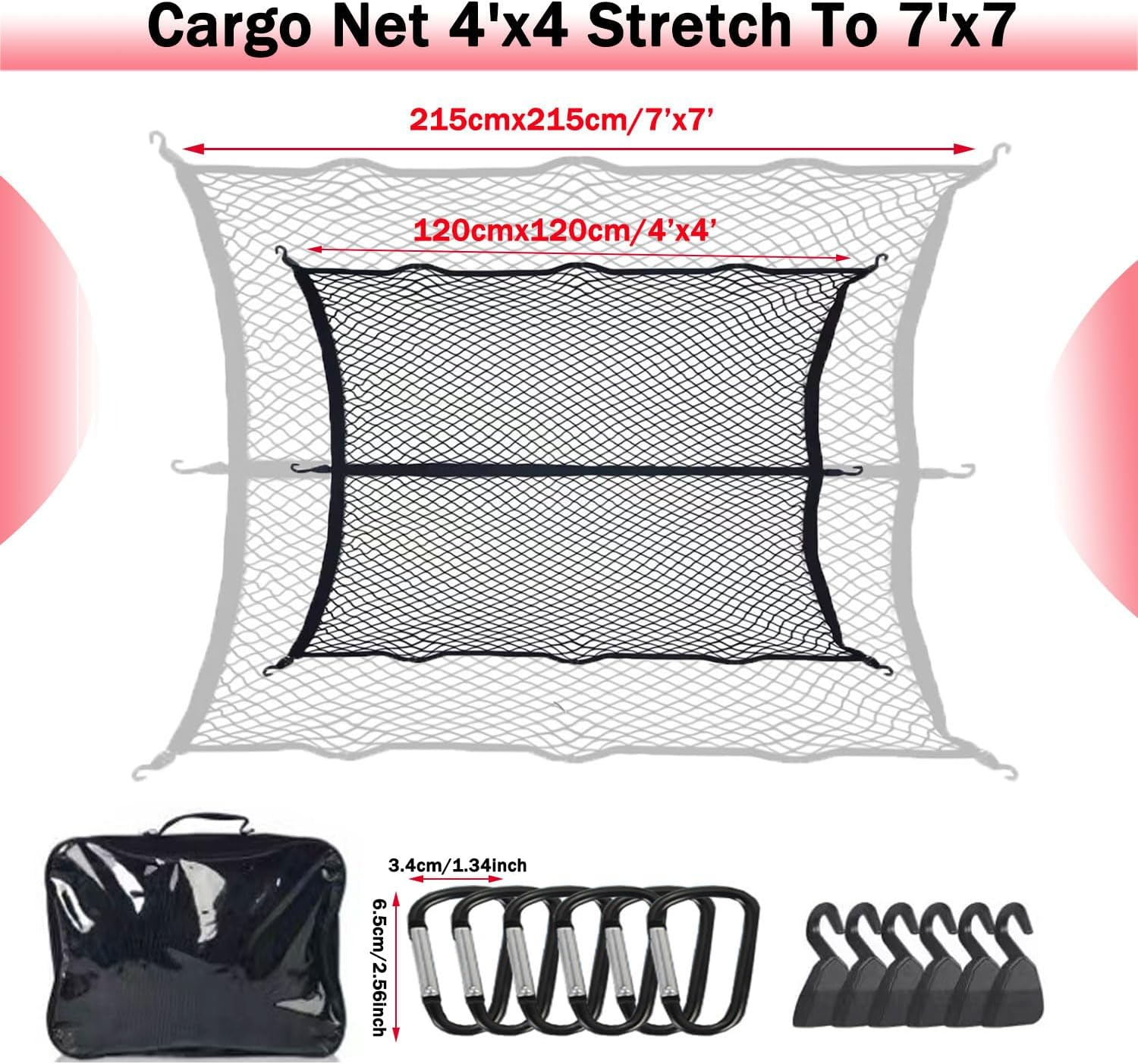 Yqkangzhu Cargo Net for Pickup Truck Bed, Highly Elastic Cargo Net, Truck Bed Cargo Mesh Organizer for Daily Light Loads of SUV ATV UTV Boat, 4'X4' Stretches to 7'X7', with 6 Metal Carabiner and Hook image number 5