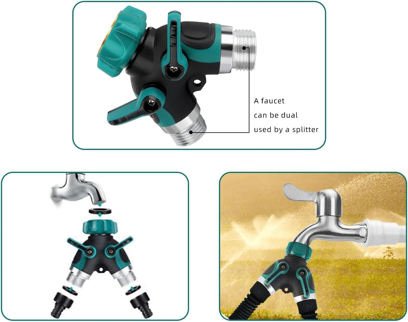 Hose Splitter 2 Way Heavy Duty Water Hose Garden Hose Splitter Hose Splitter Water Hose Connector Outdoor Faucet Hose Splitter Water Valve Brass Garden Hose Manifold with Rubber Washers Tapes image number 1