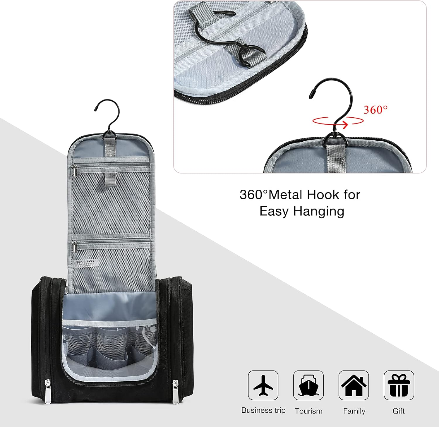 BAGSMART Toiletry Bag for Women, Travel Toiletry Organizer with Hanging Hook, Water-Resistant Cosmetic Makeup Bag Travel Organizer for Shampoo, Full Sized Container, Toiletries, Black, Medium, image number 4