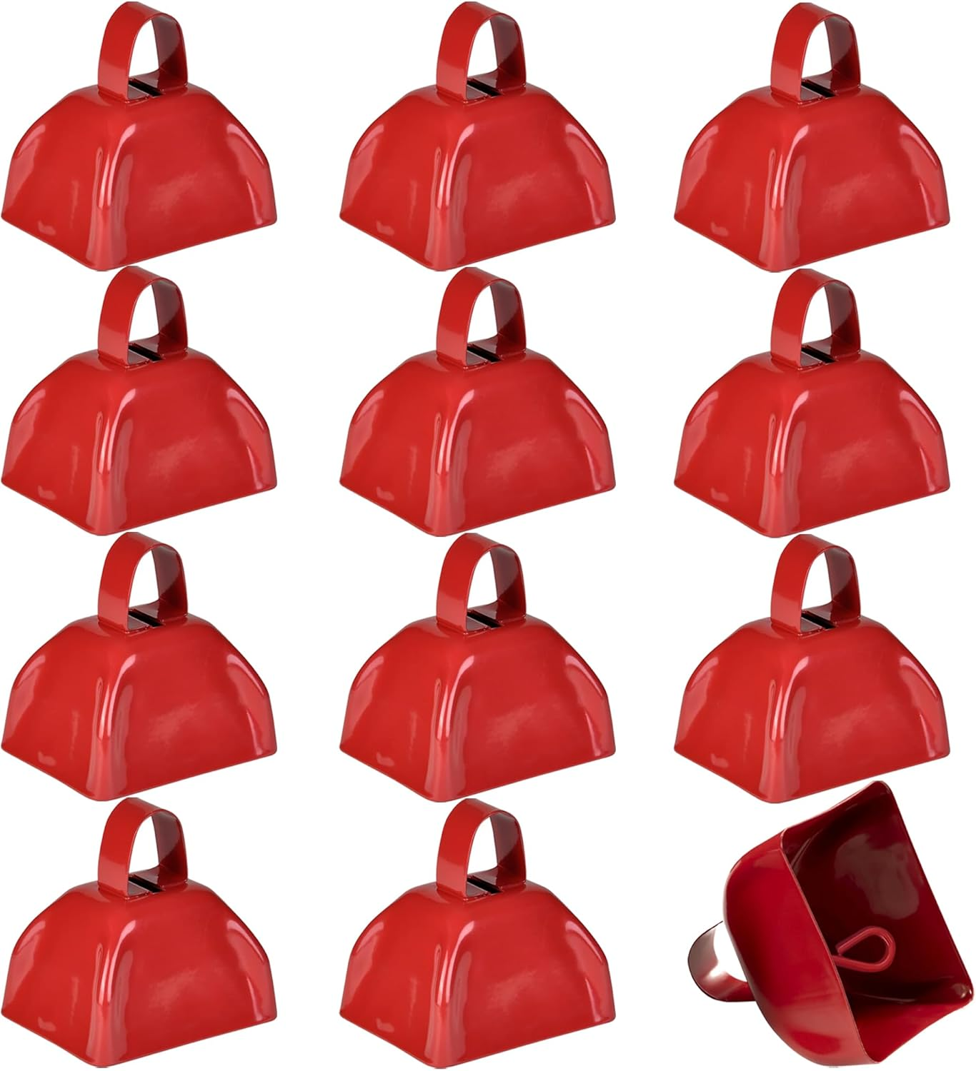 Metal Cowbells - Red 3 Inch Cow Bells Noise Makers, Loud Call Bell with Handles for Sporting Events, Cheering, Team Spirit, Noisemakers, Weddings, (Pack of 12)