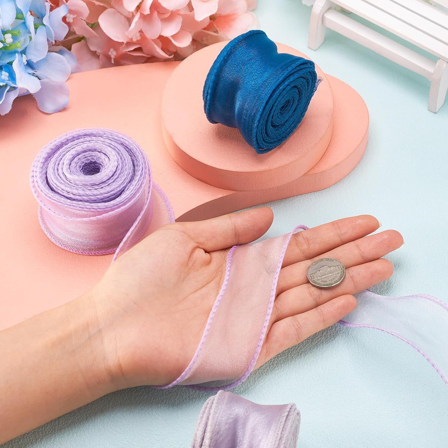 Crafans 3 Rolls 40MM Organza Chiffon Ribbons Shimmer Sheer Gift Wrapper Ribbons for Bouquet Wedding Bows Party Decoration image number 6