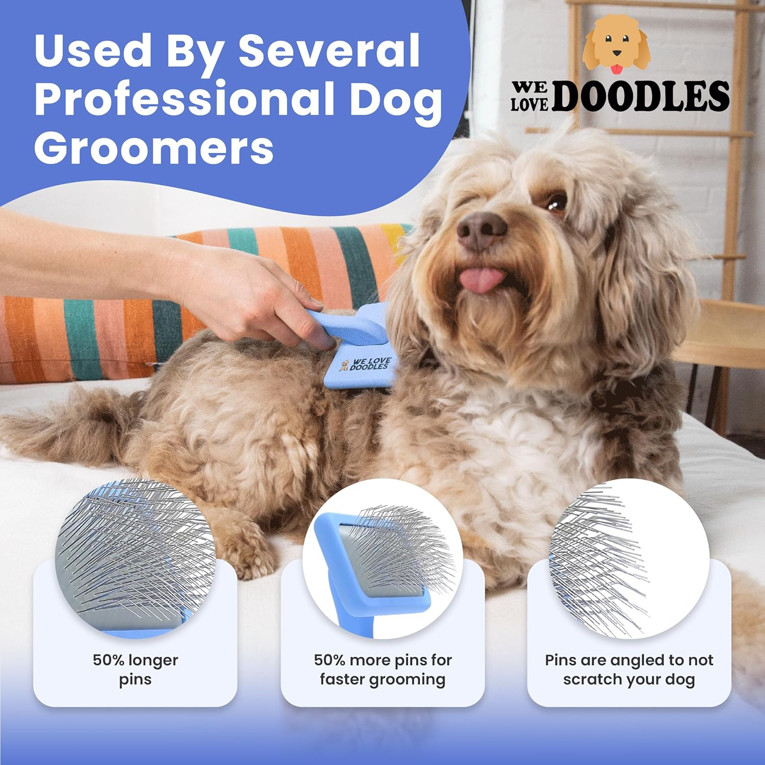 We Love Doodles Dog Slicker Brush for Grooming Pet Hair - Best Brushes for Poodle & Golden Doodle - Long Haired Brush for Dogs - Goldendoodle Long Pin Brush for Dematting (Large) image number 2