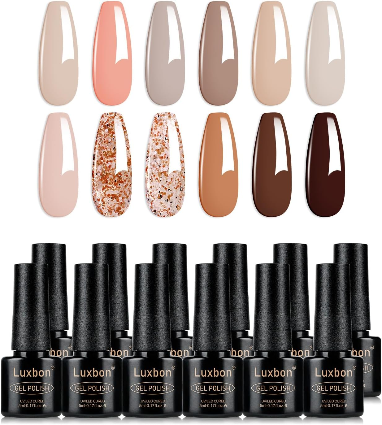 Luxbon 12 Pcs Gel Nail Polish Set - Fall Colour Set Long Lasting Autumn Gel Polish, Uv Led Soak off Nail Art Designs Manicure Kit 013