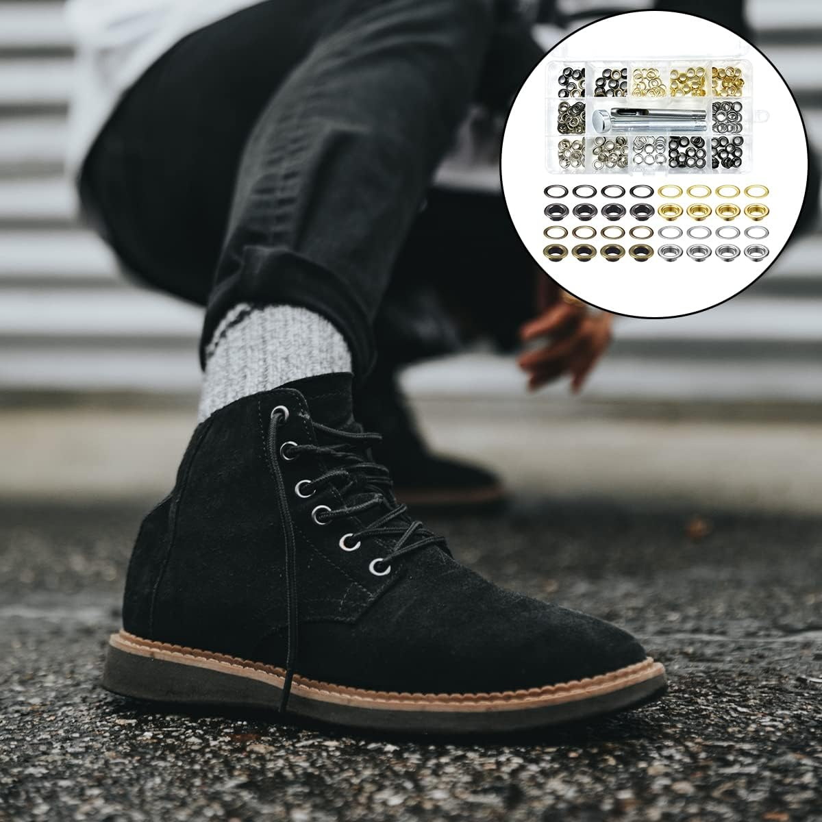 BEZANU Grommet Tool Kit, 100Set Metal Grommet Eyelets with 3Pcs Install Tool for Shoes, Fabric, Canvas, Clothing, Leather (4 Color, 1/4Inch) image number 6