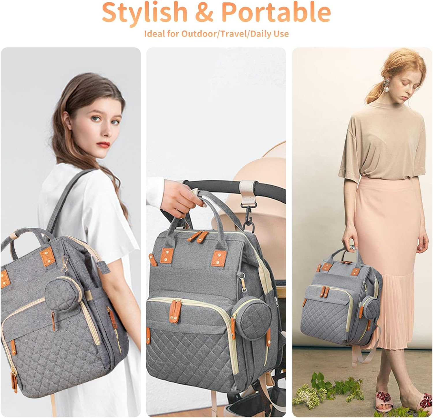 Leogreen 3 in 1 Diaper Bag Backpack with USB Charging Port, Pacifier Case, Stroller Straps, Thermal Pockets, Multi-Functional Large Waterproof Travel Baby Nappy Bags - Dark Grey image number 6