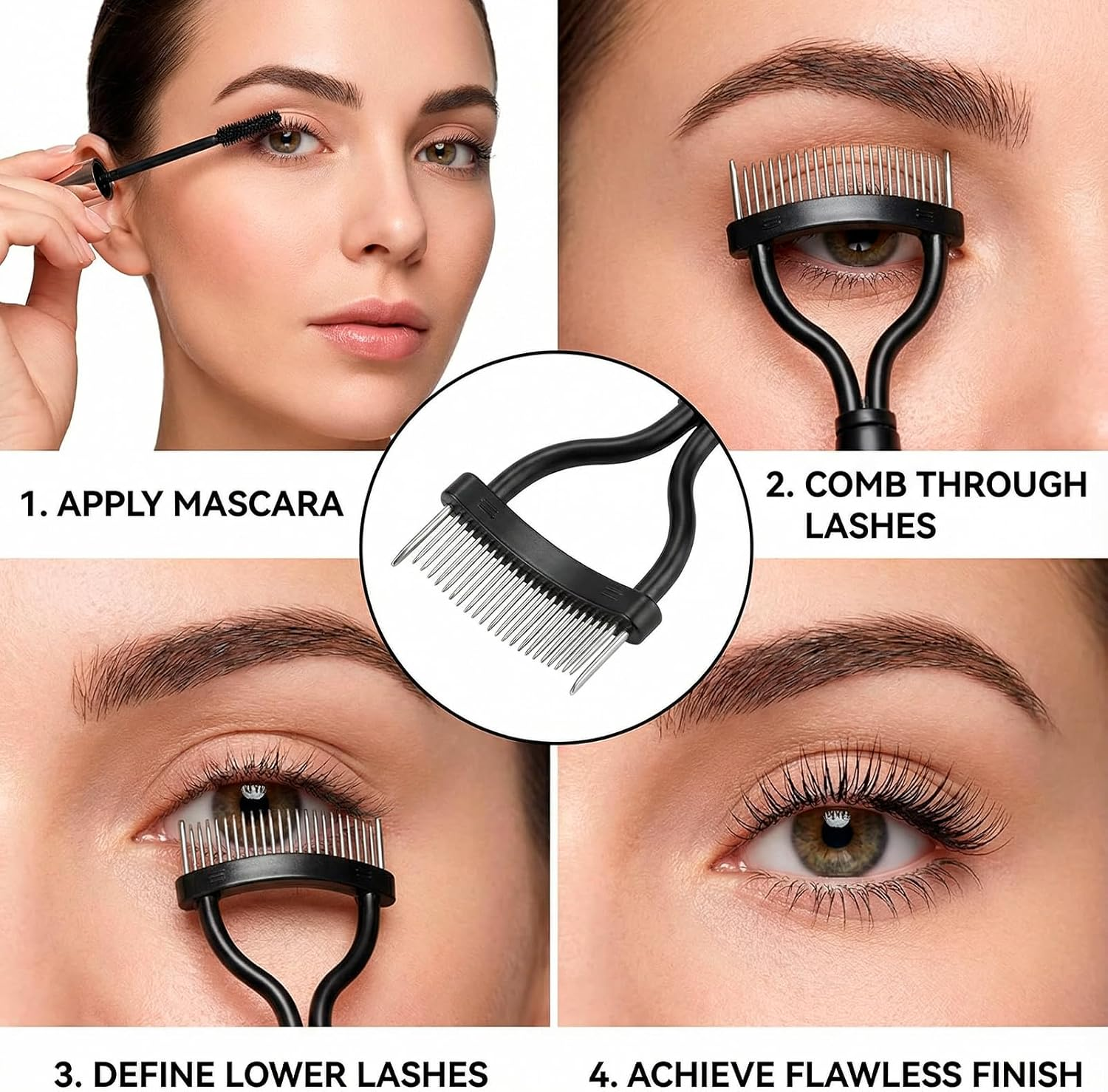 JANGJANG Eyelash Comb Lash Separator Tool, Professional Lash Comb and Brow Brush Set, Stainless Steel Fine Teeth for Eyelash and Eyebrow Care, Lash Spoolie for Daily Makeup Use, 4 Piece Set image number 1