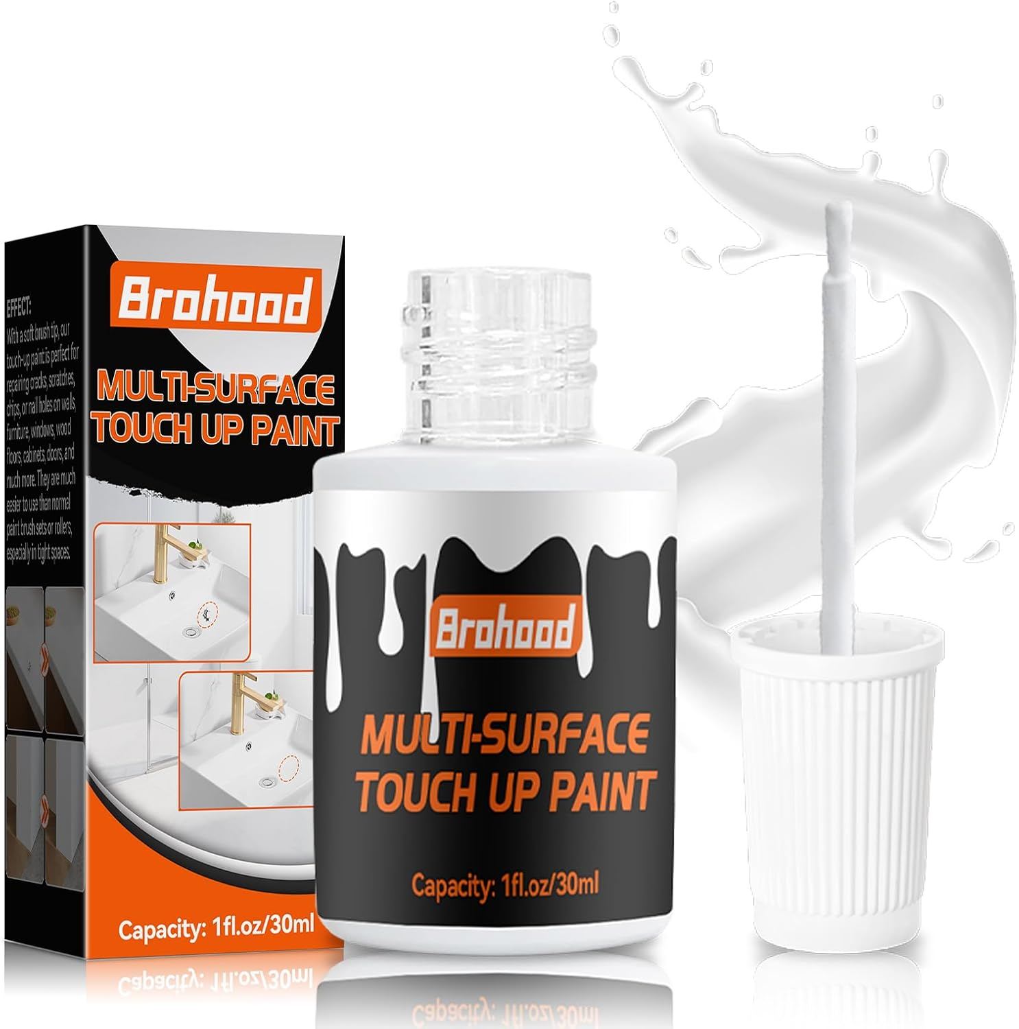 Brohood White Touch up Paint, Appliance Kitchen Cabinet Bathtub Paints for Wall, 30ML Multi Surface Touch up Paint Pen, Semi Gloss White Wall Paints for Enamel Porcelain Door Furniture Chips Scratches