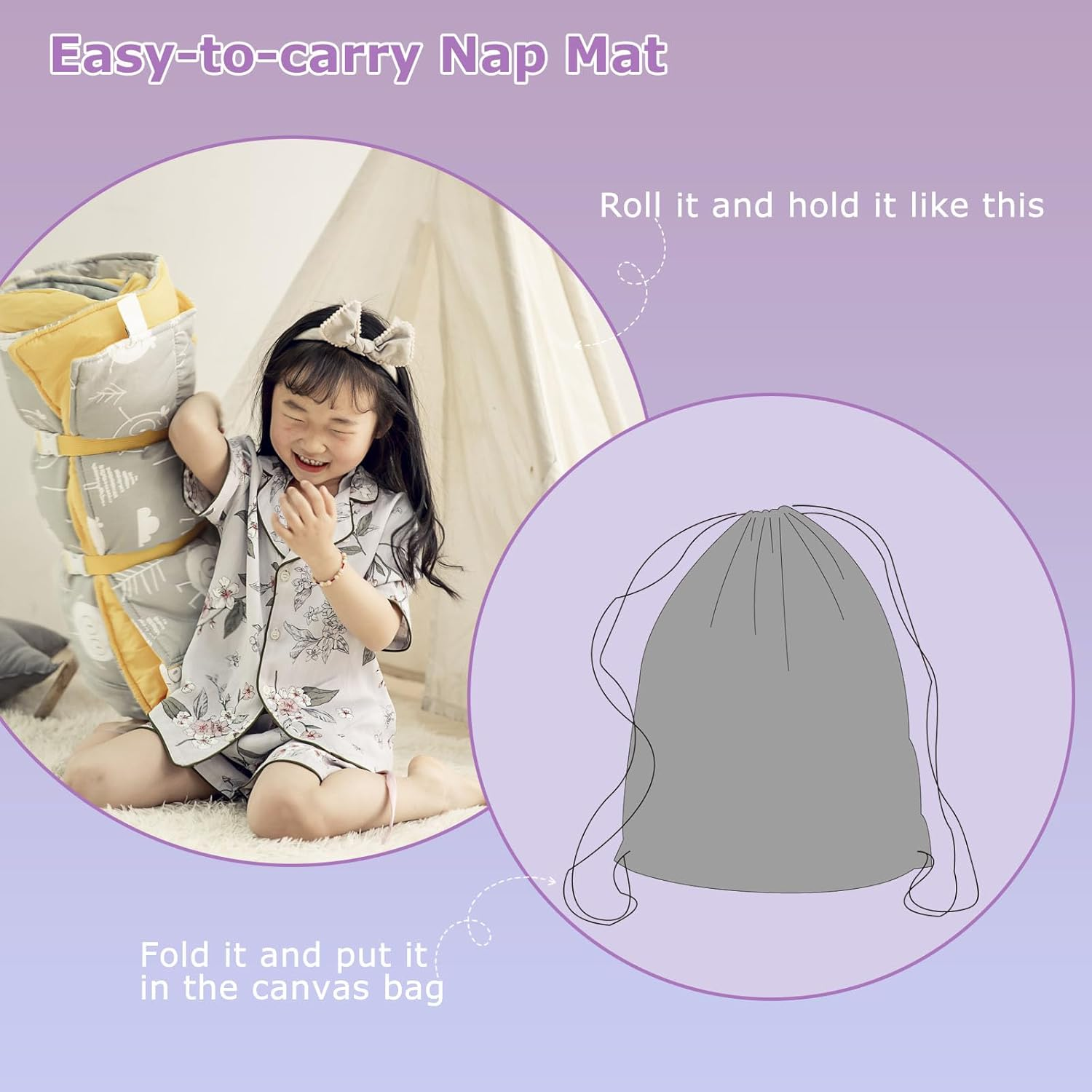 Nap Mat with Removable Pillow and Soft Blanket, Lightweight Daycare Preschool Kindergarten Sleeping Bag, Travel Slumber for Kids Girls Boys image number 4