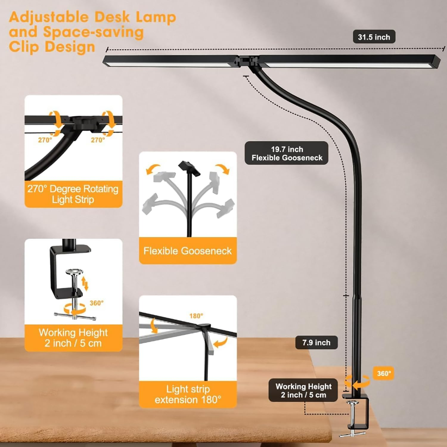 KEPHTH Led Desk Lamp for Office Home 76Cm Bright Double Head Desk Light with Clamp, Architect Task Lamp 30 Lighting Modes Adjustable Flexible Gooseneck image number 1
