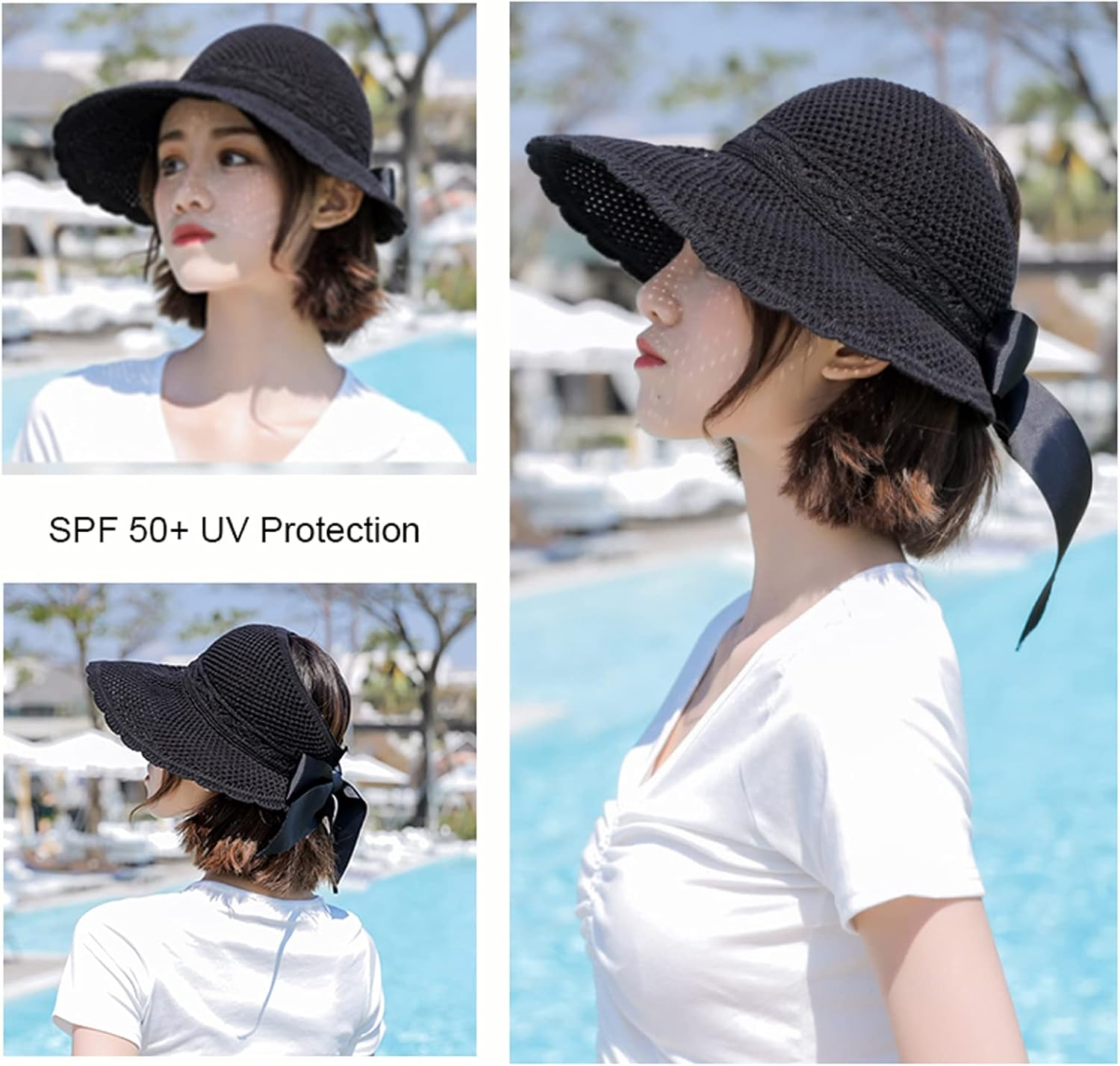 Sun Hats for Women with Ponytail Hole UV Protection Wide Brim Beach Cap Lightweight Foldable/Packable Straw Hats Bucket Cap with Decorative Bow - Black image number 2