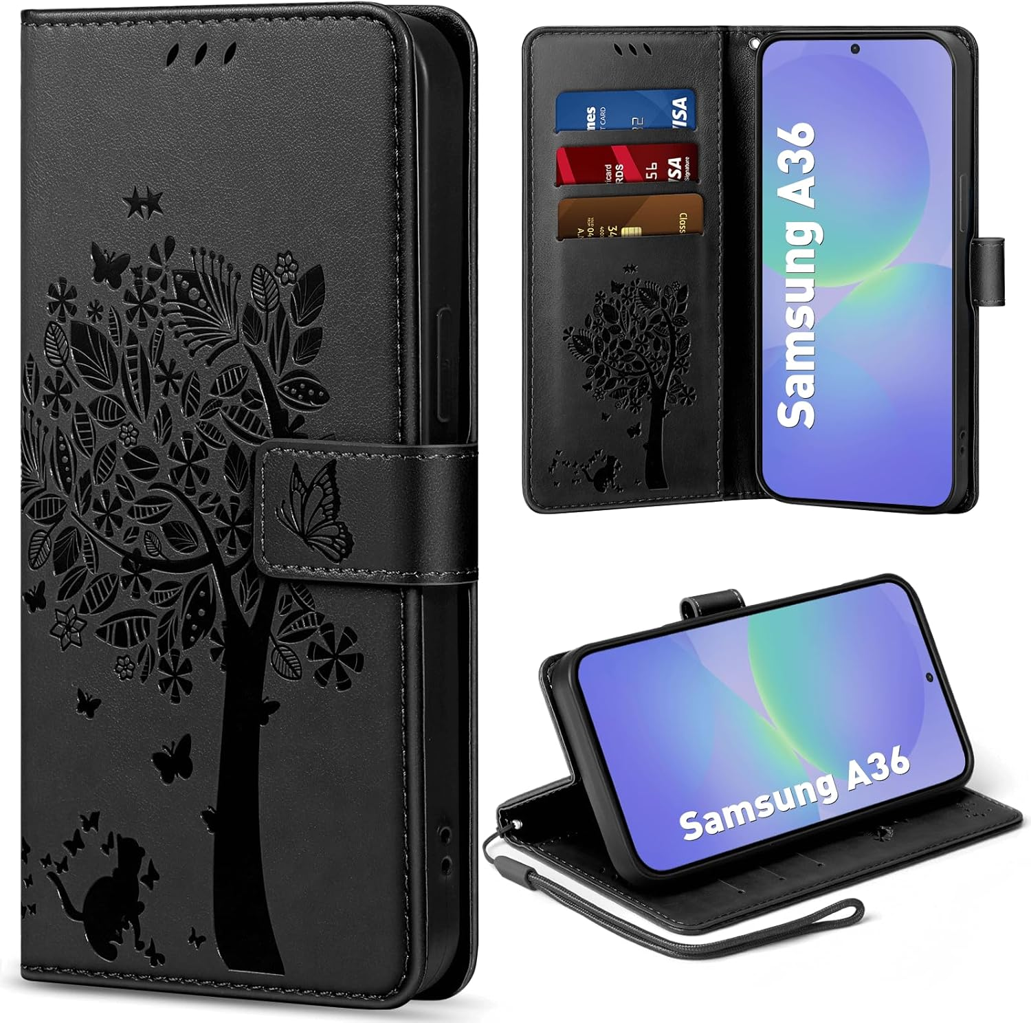 EASDNB Mobile Phone Case for Samsung Galaxy A36 5G Case, Flip Leather Wallet Case with [3 Card Slots] [Magnet] [Stand] Premium Leather Embossing Protective Flip Case for Samsung Galaxy A36, Blue