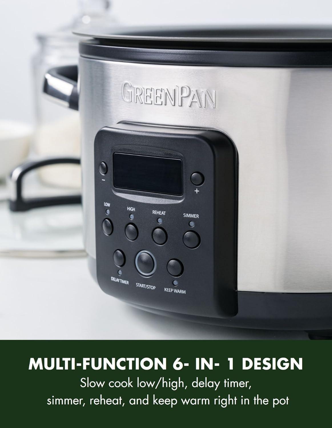 Greenpan Bistro 3.7L Slow Cooker with Glass Lid, Multifunction Presets, Hard Anodized Pfas-Free Removeable Nonstick Crock, Dishwasher Safe, Auto Warm, Delay Timer, Stews, Reheat, Stainless Steel image number 6