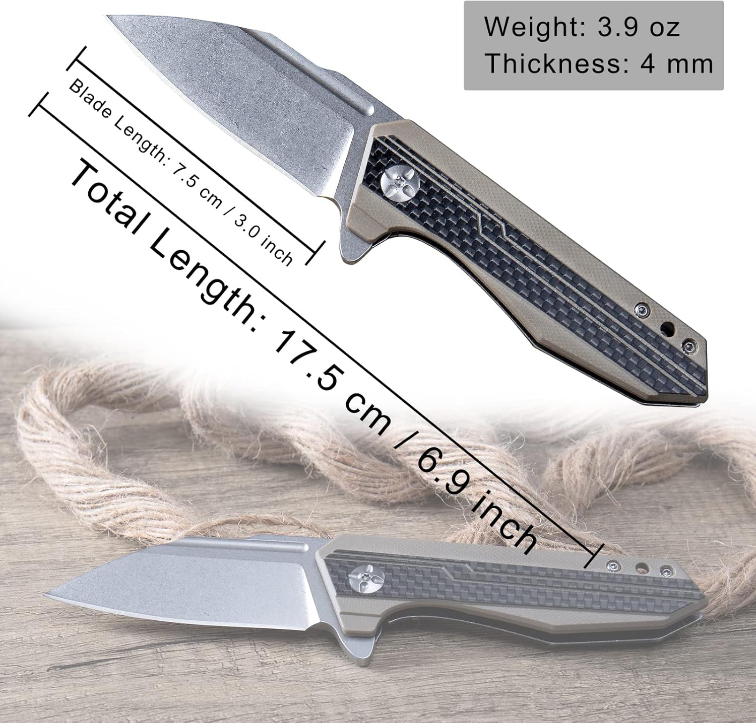 Folding Pocket Knife, Stone Wash Blade, G10 Handle, 440B Stainless Steel, Outdoor Survival Camping EDC Tools (Brown) image number 2