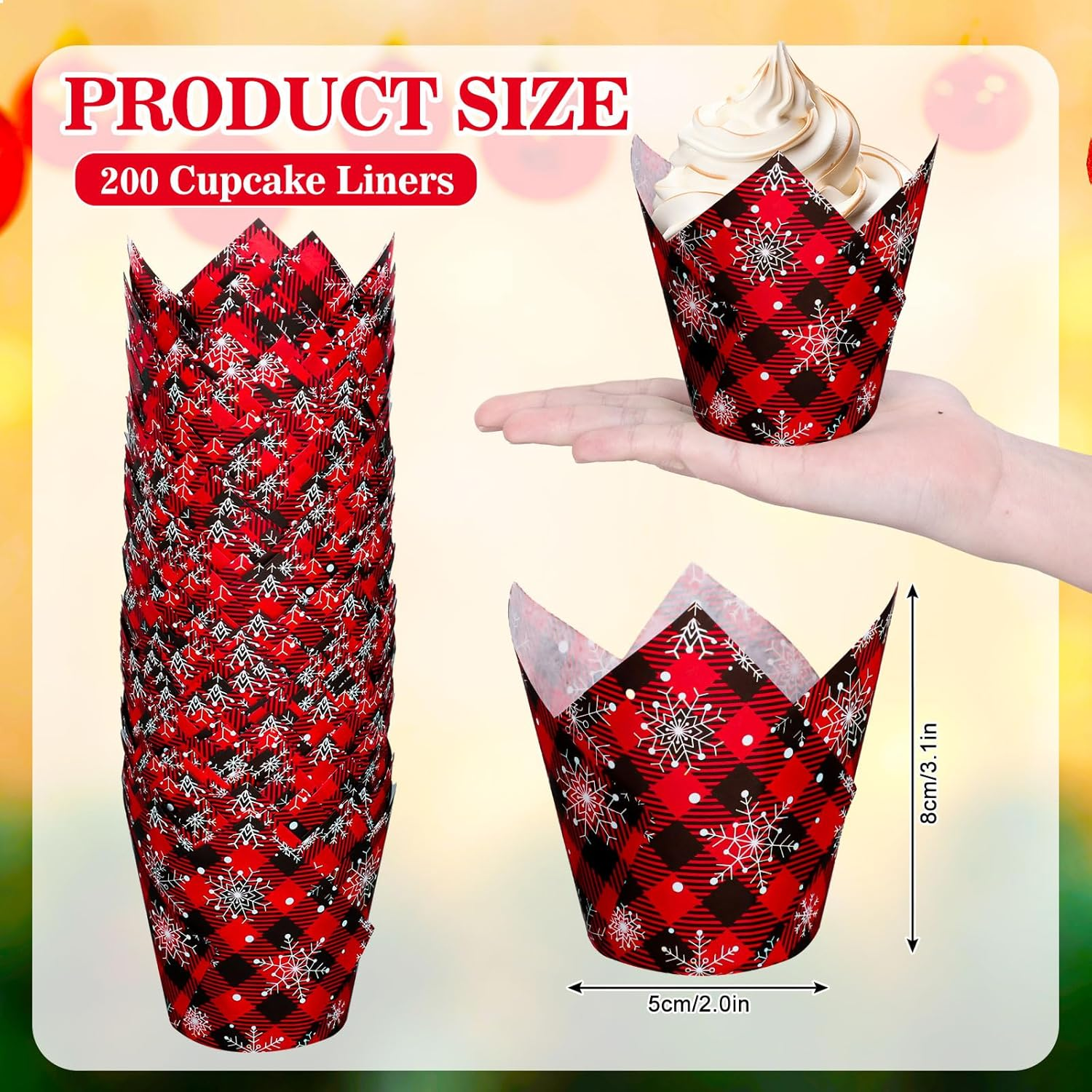 Whaline 200Pcs Christmas Plaid Tulip Cupcake Liners Plaid Snowflake Muffin Tulip Baking Cups Xmas Red Black Tulip Cupcake Wrappers for Holiday Party Supplies image number 1