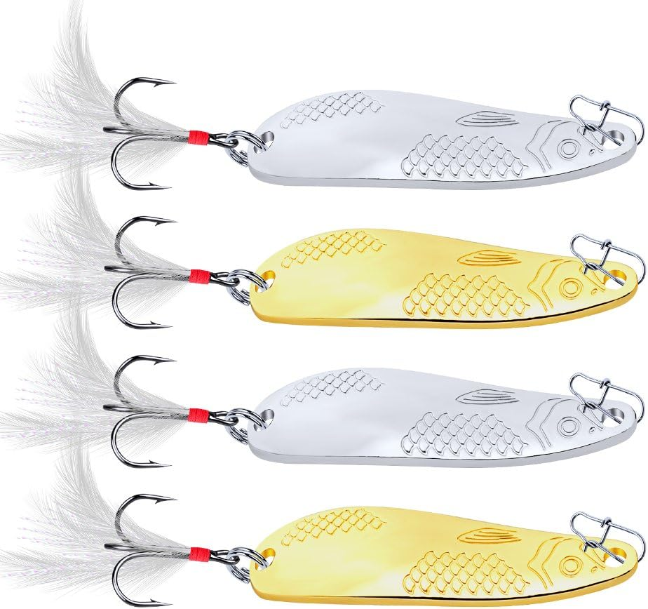 Metal Spoon Lure 10G 20G Hard Fishing Bait Silver/Gold Spinner Bass Baits Feather Hook for Bass Walleyes Trout Fishing Lures Pack of 10Pcs
