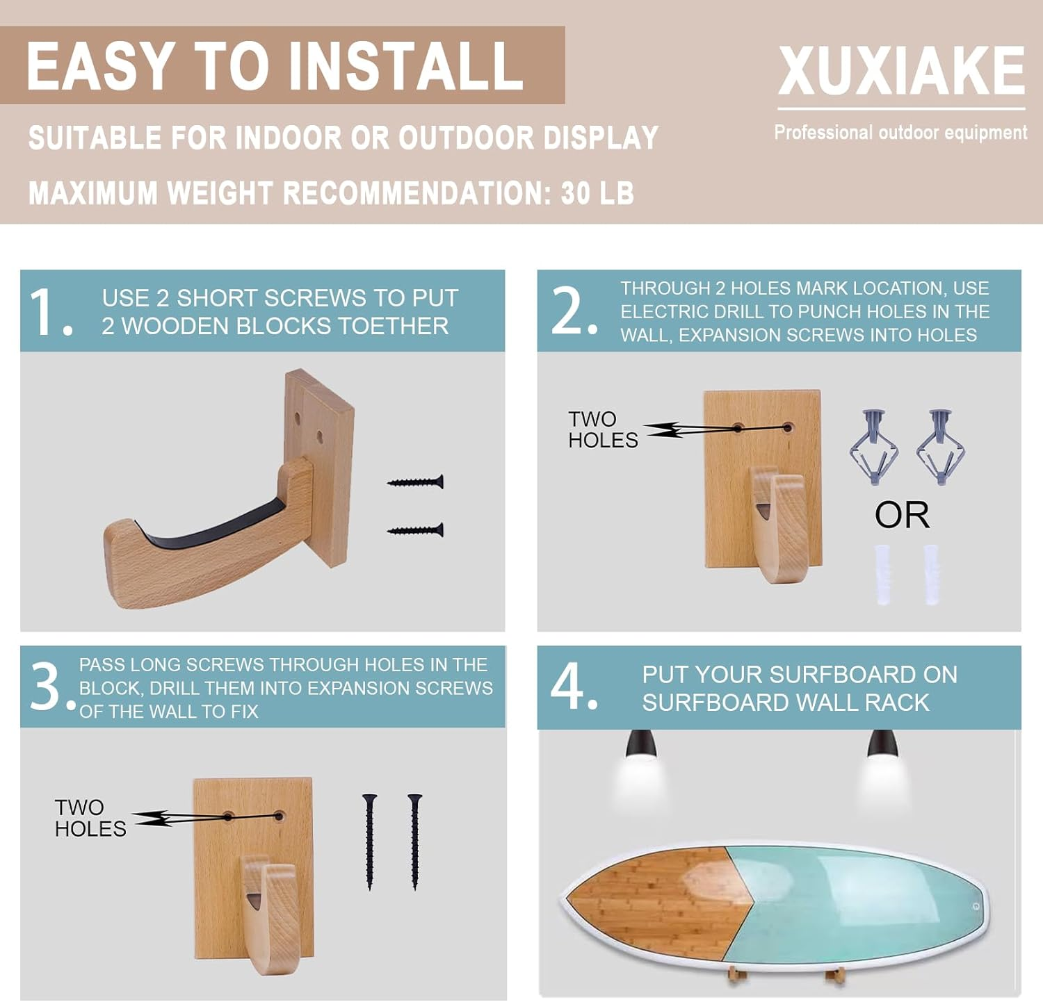 Surfboard Wall Mount Wooden Surf Board Wall Racks for Storage and Display Your Surfboards/Skimboards/Skateboards image number 4