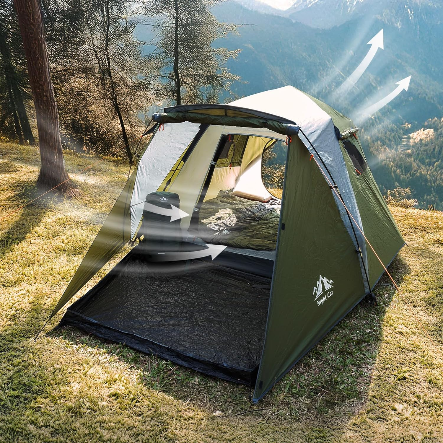 Night Cat Cabin Tent with Vestibule: 3 Persons Pop up Camping Tent Double Layers Easy Quick Setup Waterproof