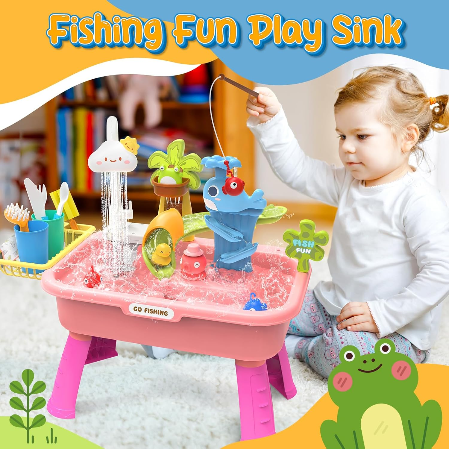 21" H Play Sink with Running Water, 4-In-1 Kids Kitchen Sink Toy with Electric Faucet, Mini Water Table with Detachable Legs, Fishing Game, Pretend Play Dishwasher Gift Set for Boys & Girls(Pink) image number 2