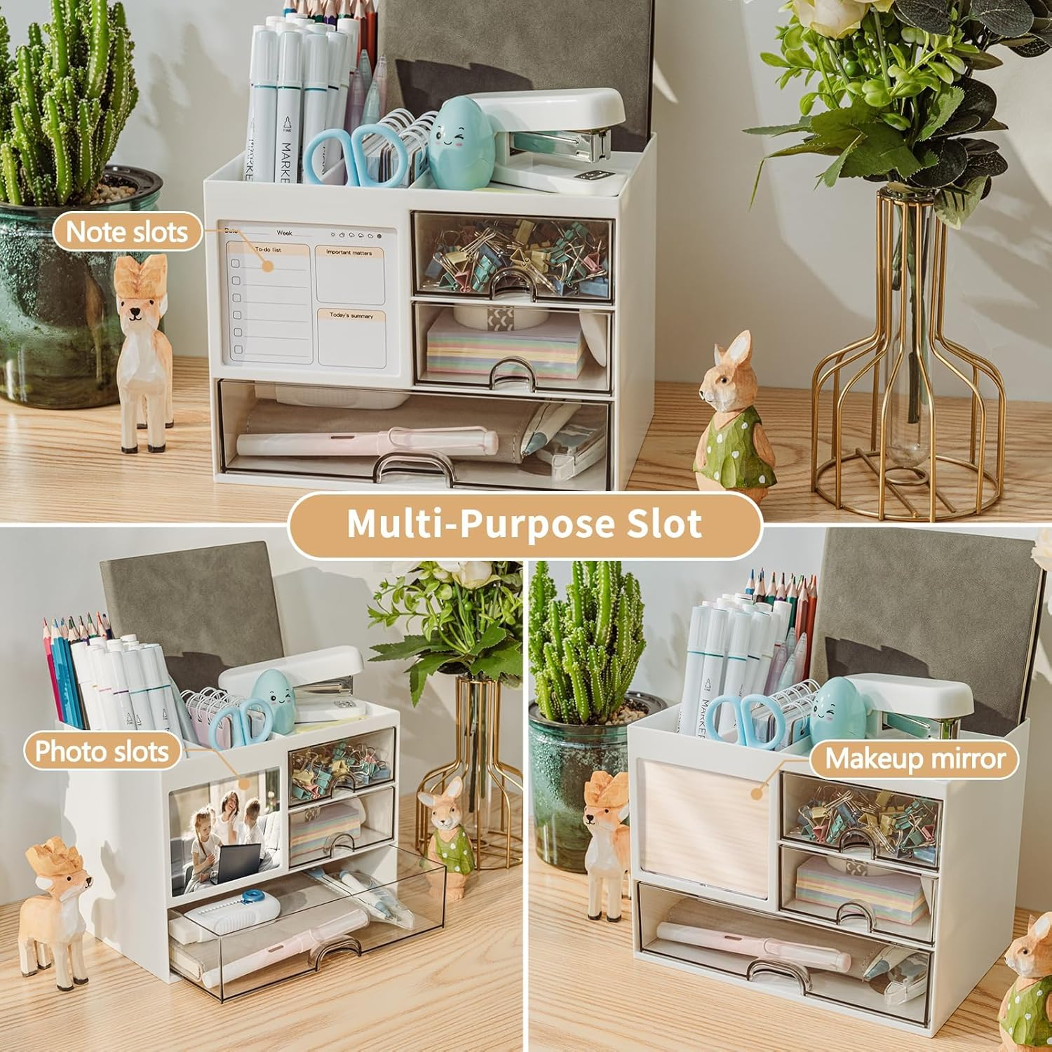 Desk Organizer with 3 Drawer, Multi-Functional Pencil Pen Holder for Desk, Desk Organizers and Storage with 5 Compartments, Desktop Organizer for Office Home Art Supplies (White)