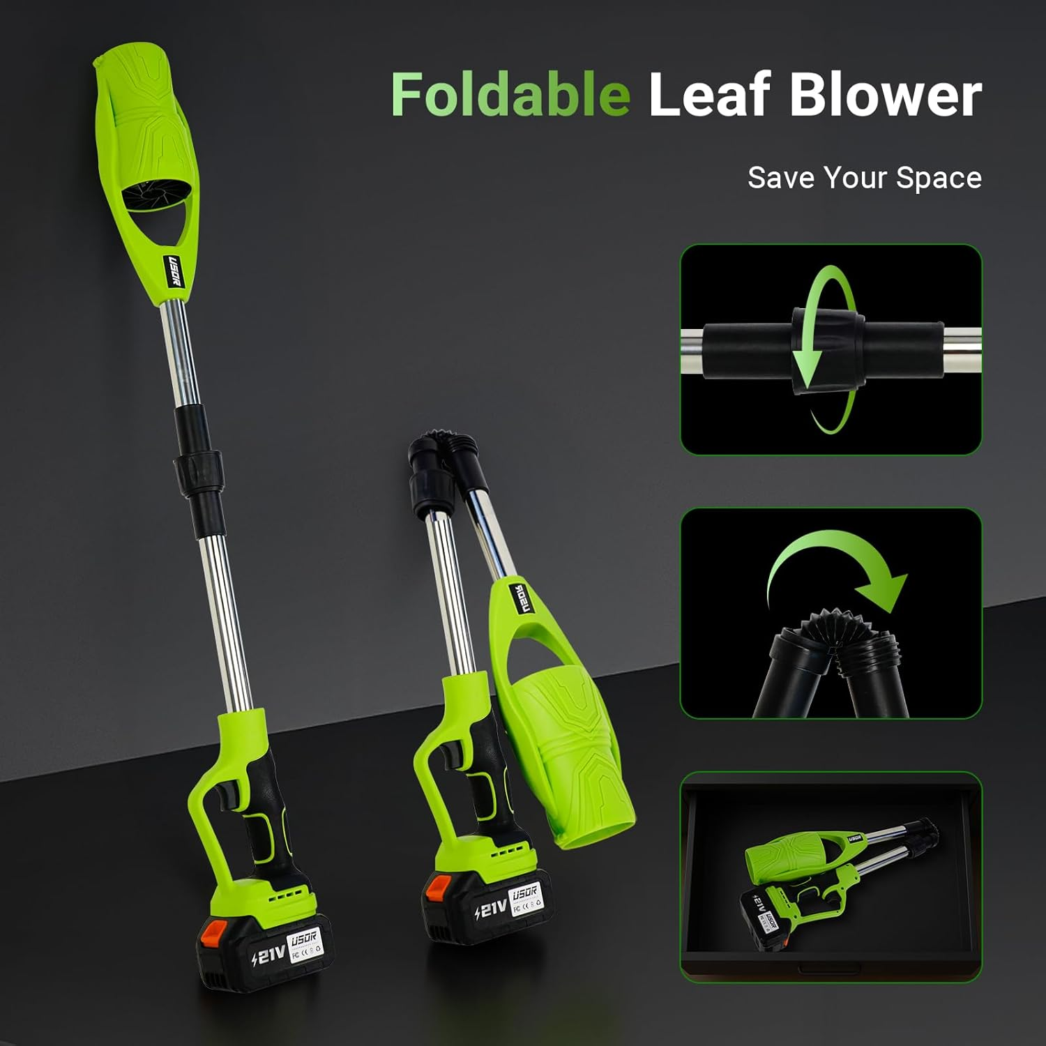 Cordless Leaf Blower,290000Rpm Foldable Air Broom with 4.0Ah*2 21V Batteries and Charger,600Cfm Lightweight Electric Turbo Handheld Blower for Lawn Care,Yard,Debris,Stones Cleaning image number 2