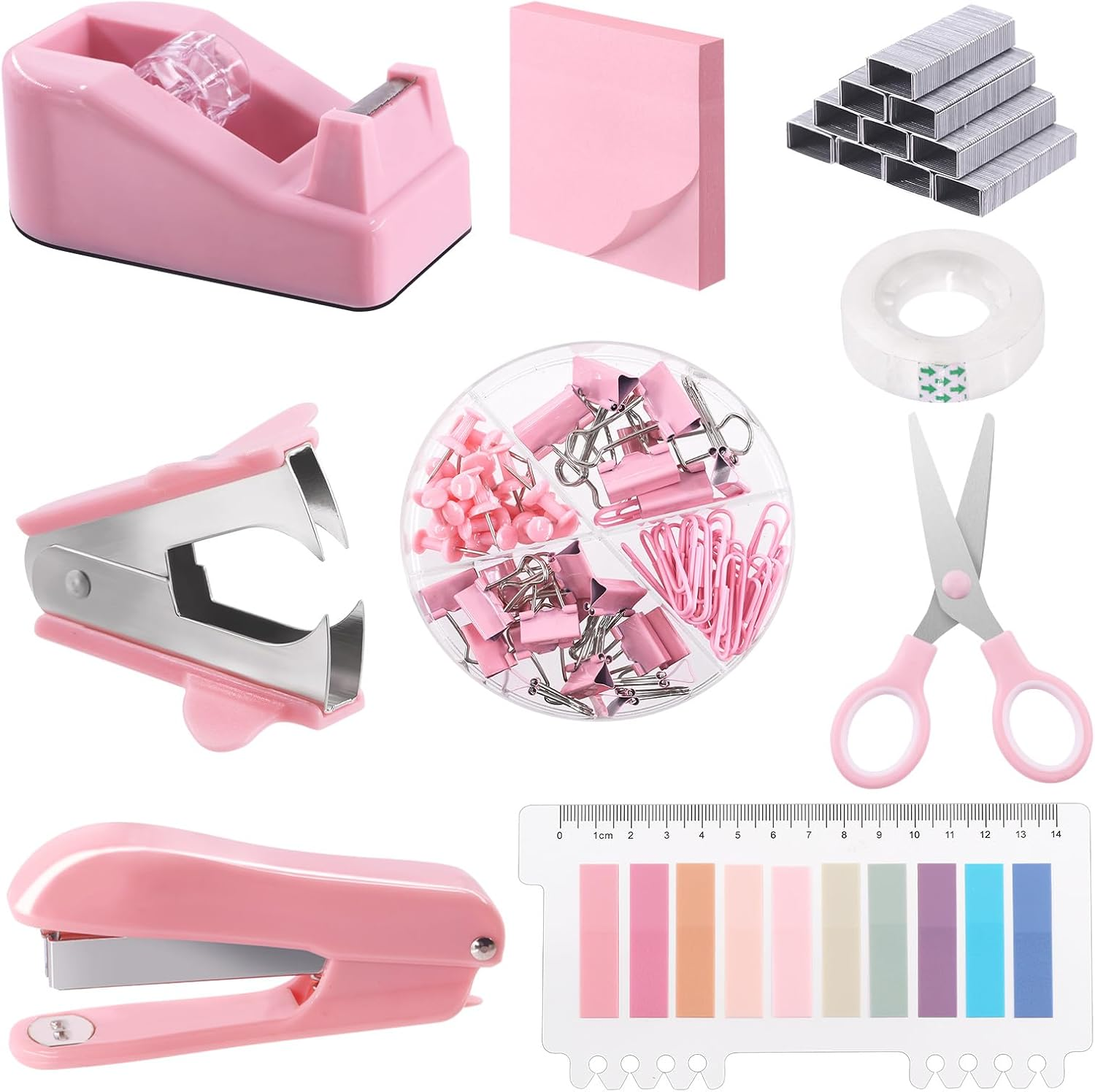 Hilitchi Pink Office Supplies Desk Accessories Set - Stapler, Tape Dispenser, Scissors, Tabs, Clips, Staples for Women, Coworkers, Students image number 4