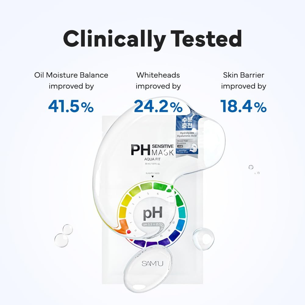 SAM&rsquo;U PH Sensitive Aqua Fit Face Mask &ndash; Hydrating & Soothing Vegan Sheet Mask with Hyaluronic Acid and Panthenol, Bamboo Fiber, Travel-Friendly Korean Skincare (5 Sheets) - Cool Fit image number 7