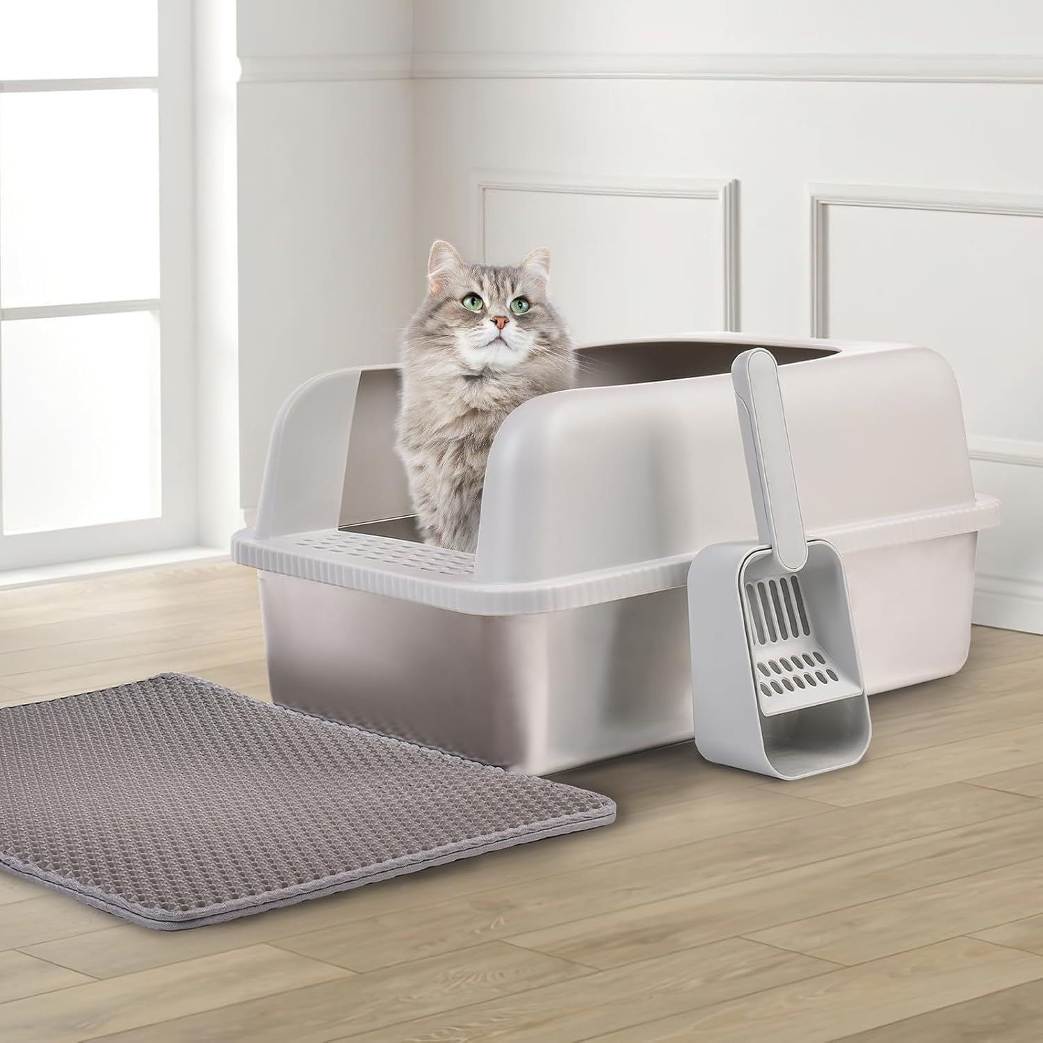 Stainless Steel Cat Litter Box with Lid, 51Cm L X 36Cm W X 30Cm H, Extra Large Litter Box for Big Cats with High Sided, Anti-Urine Leakage, Easy Cleaning, Include Cat Mat and Scoop(Light Grey) image number 3