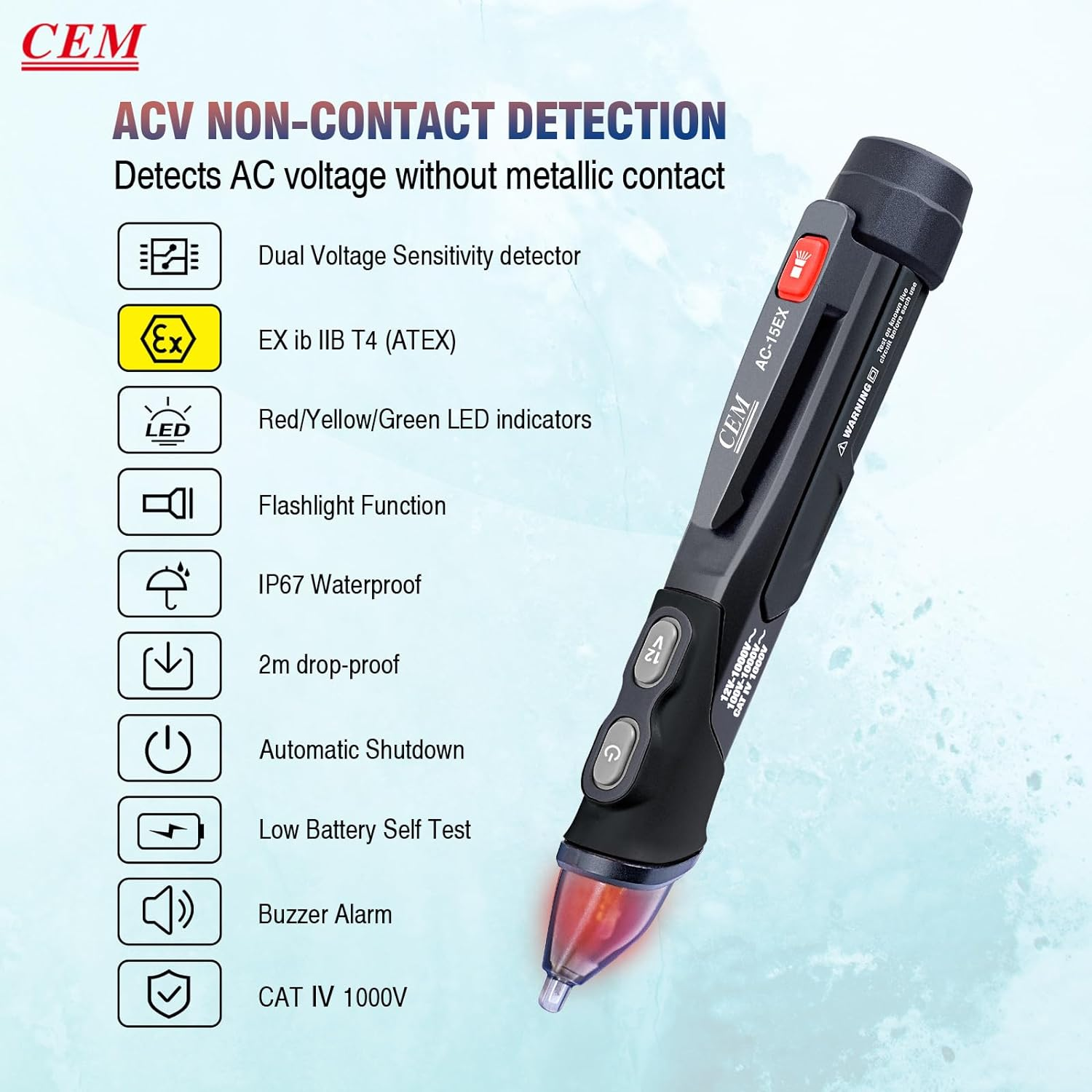 CEM AC-15EX Voltage Tester with Dual Range 12V-1000V/100V-1000V, Non-Contact Explosion-Proof NCV Voltage Detector for Wire Breakpoint Live/Null Wire Test Socket with Flashlight Buzzer & Light Alarm image number 6
