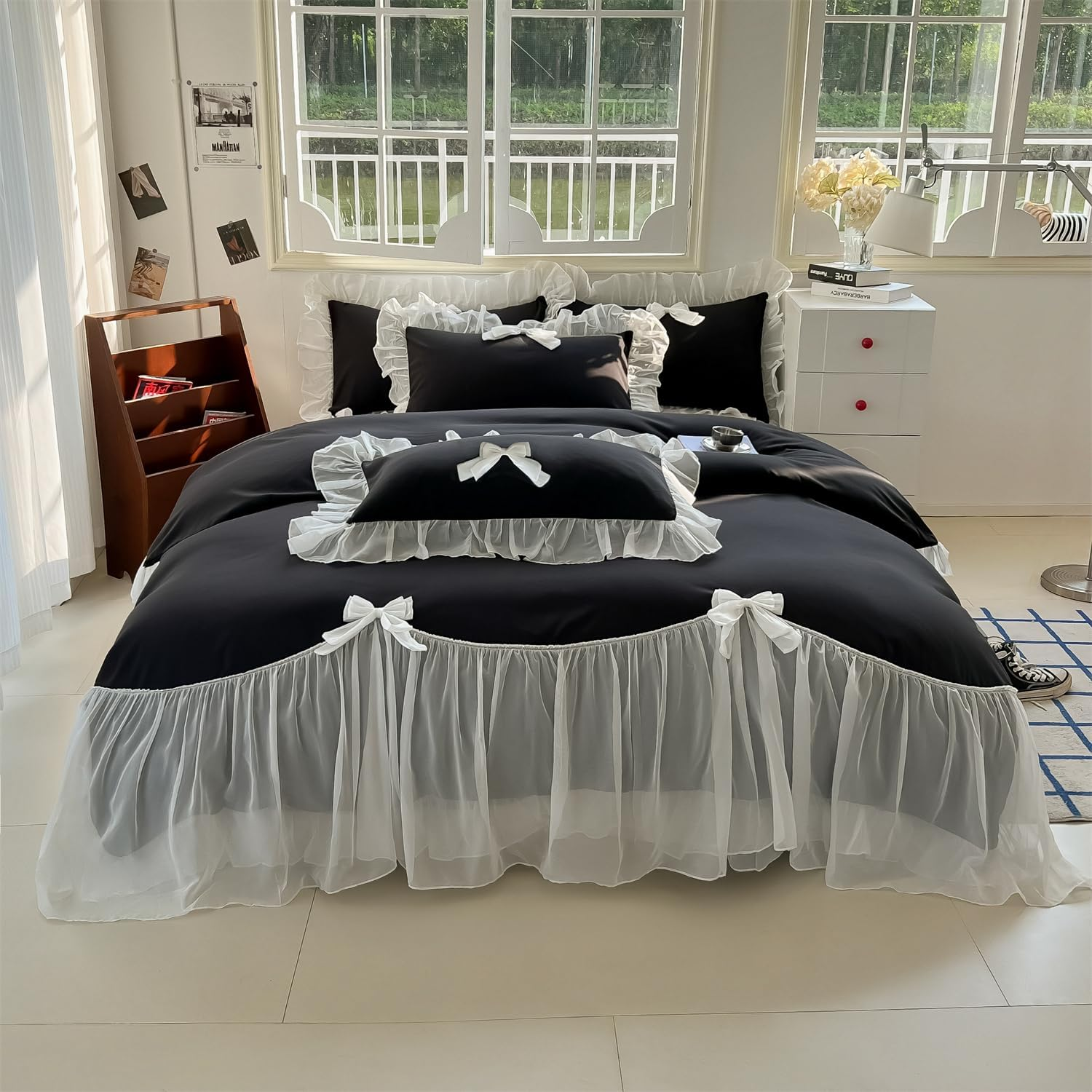 Lace Ruffled Bedding Bow Duvet Cover Set with Butterfly Tie, Soft Brushed Microfiber Shabby Chic Bedding Set with Zipper Closure-Yellow,Queen Size