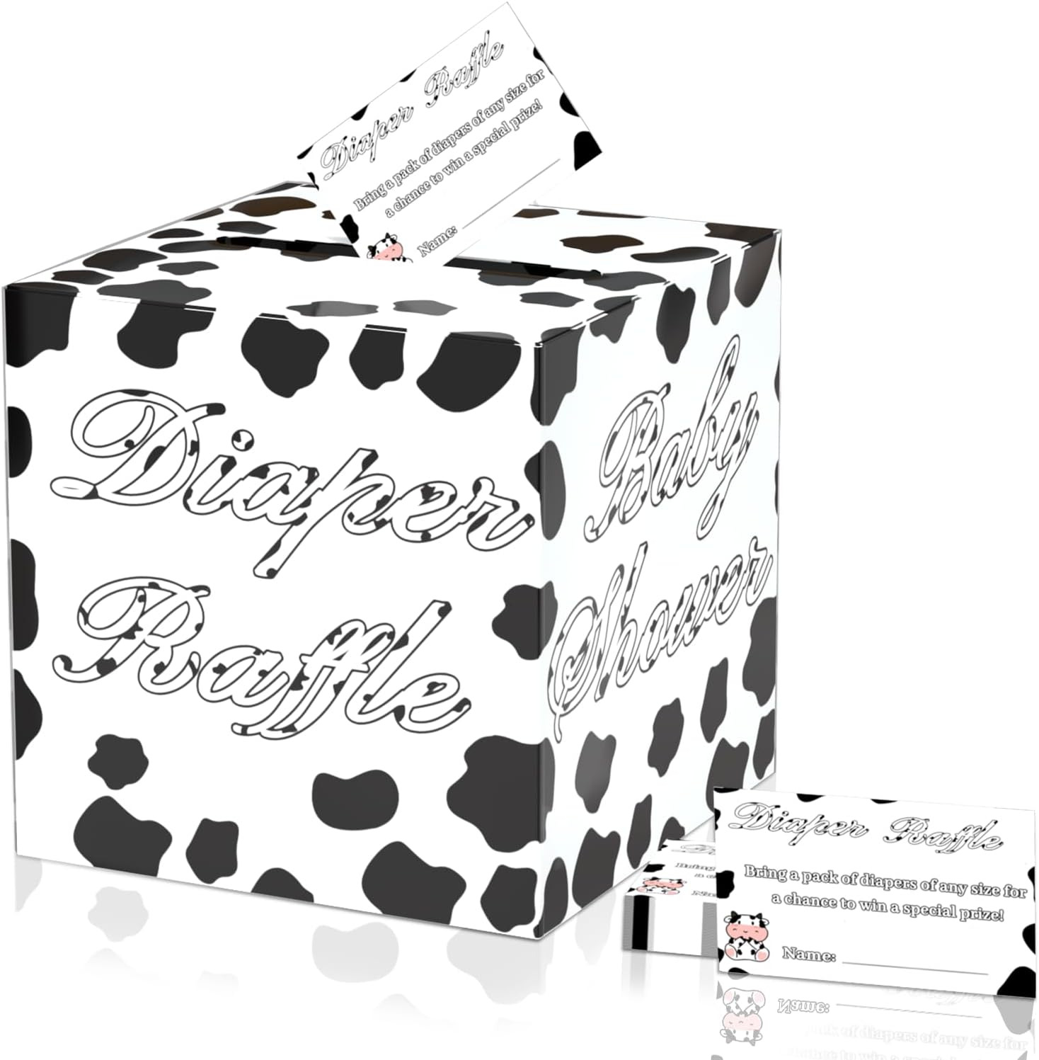QISOLIY 50 Pieces Cow Baby Diaper Raffle Tickets with Box Baby Shower Game Invitations Cow Diaper Raffle Cards Diaper Raffle Box Set for Baby Shower Gender Reveal Farm Animal Party Supplies Card Box