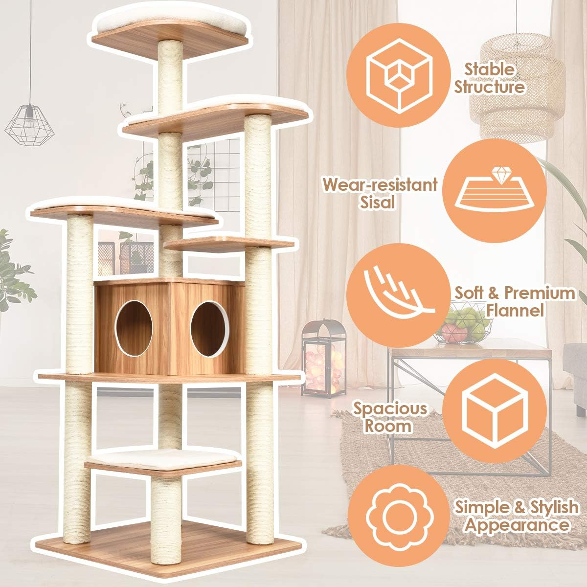 Cat Tree, Wooden Cat Tower with 6-Layer Platform, Sisal Rope Scratching Posts, Washable Plush Cushions, Cat Condo Furniture Activity Center Tower for Indoor Cats Kittens Relaxing image number 4