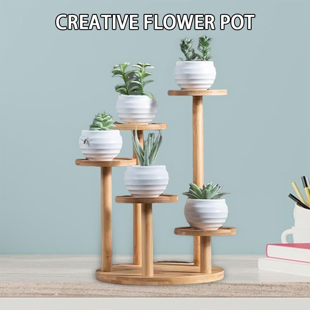 5-Tier Wooden Plant Stand &ndash; Tall round Bamboo & Wood Shelf Rack for Indoor/Outdoor Use, Multi-Tier Desktop Plant Holder for Living Room, Balcony, Patio, Garden, Office Decoration image number 3